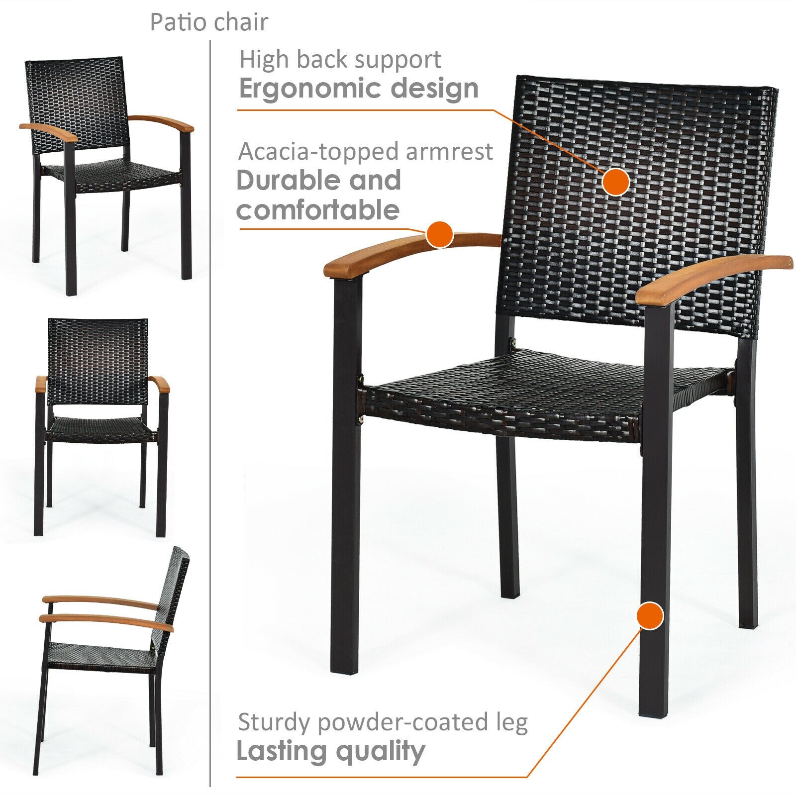 Black Wicker and Acacia Wood Stackable Outdoor Dining Chairs, Set of 4