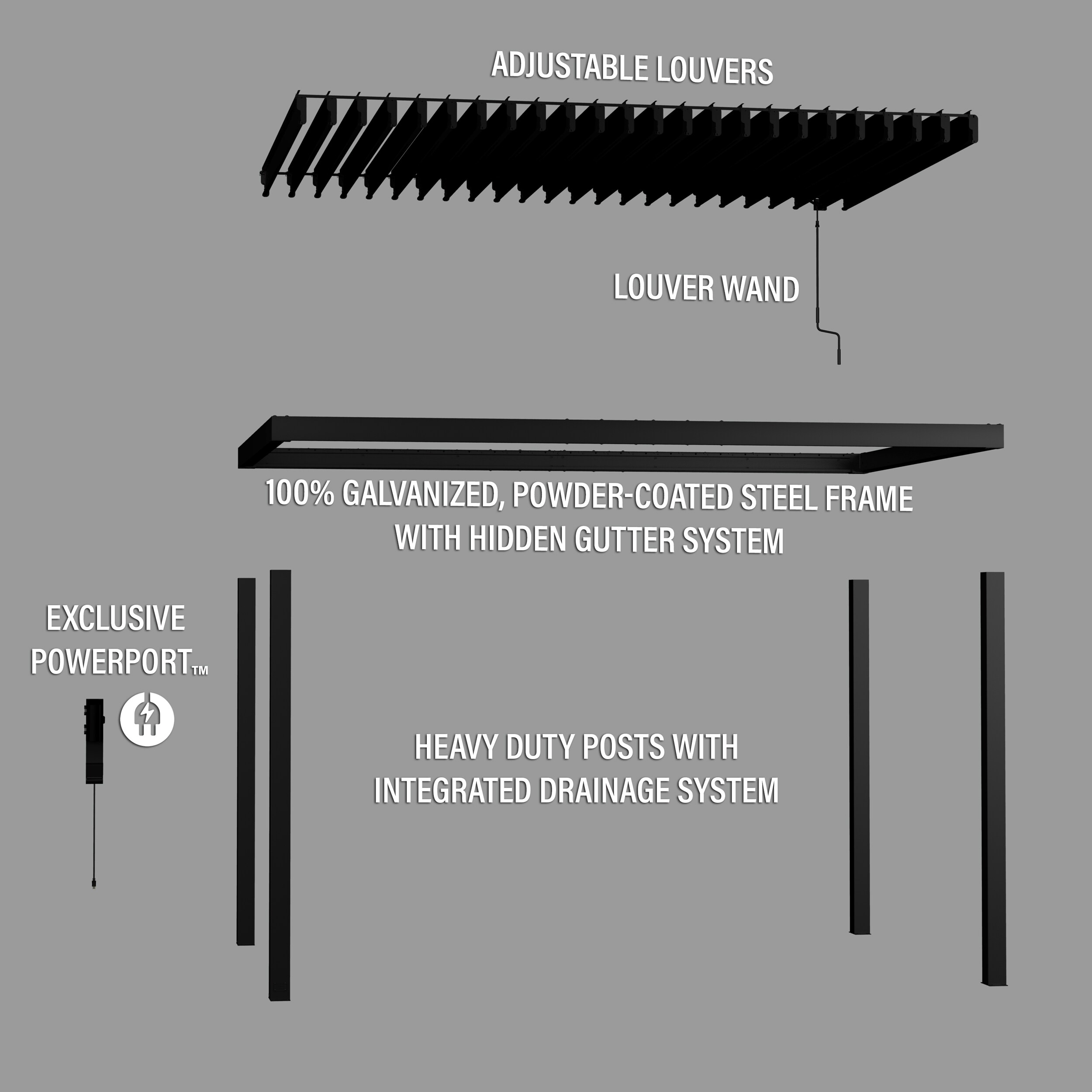 Sarasota Black Steel Louvered Pergola with Canopy