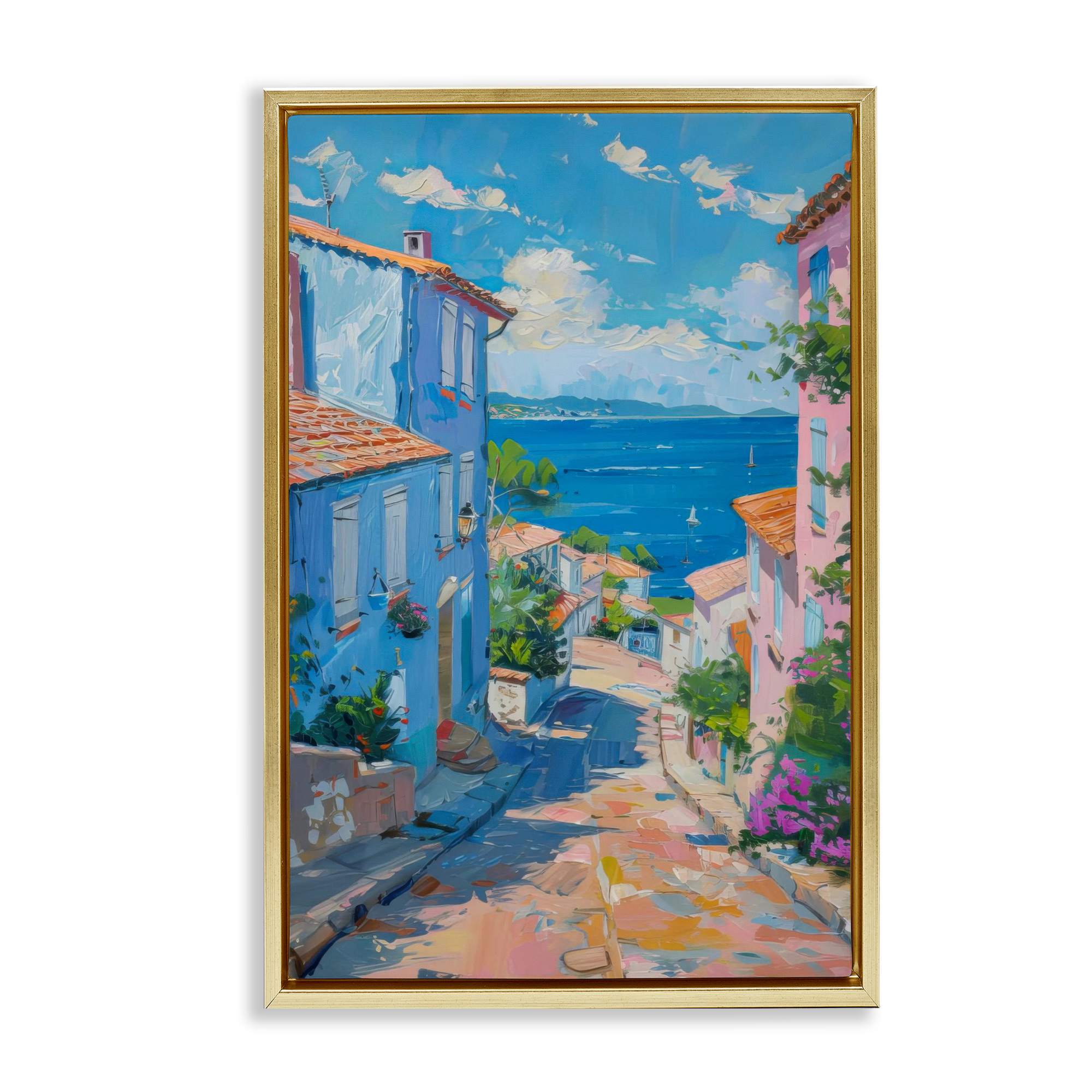 Stupell Industries BT-732-FFG-16X24 Quiet Seaside Town's Path Gold Framed Floater Canvas Wall Art By LSR Design Studio 17 x 25