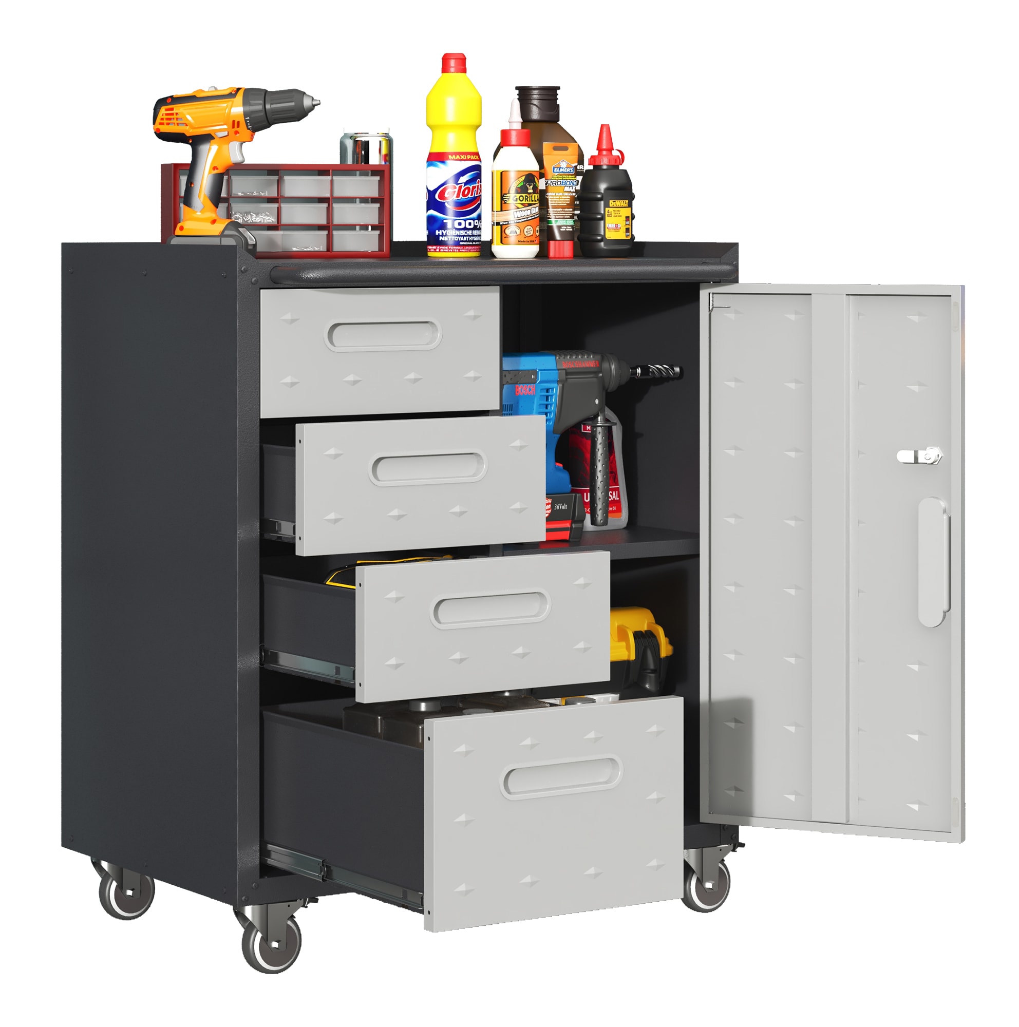 AUKFA 4 Drawer and Lockable Storage Rolling Tool Cabinet on Wheels - Heavy Duty Metal Storage Cabinet with Adjustable Shelf for Garage Office and Workshop Organization - Black Gray
