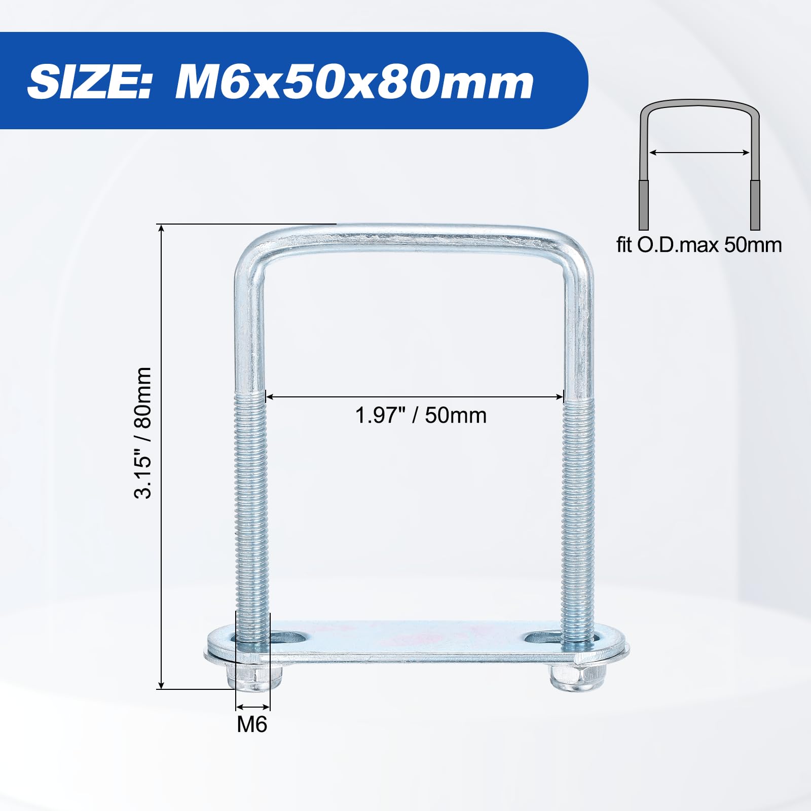 JOWEI U Bolts Set M6 by 50 by 80mm Square Carbon Steel with Nylon Lock ...