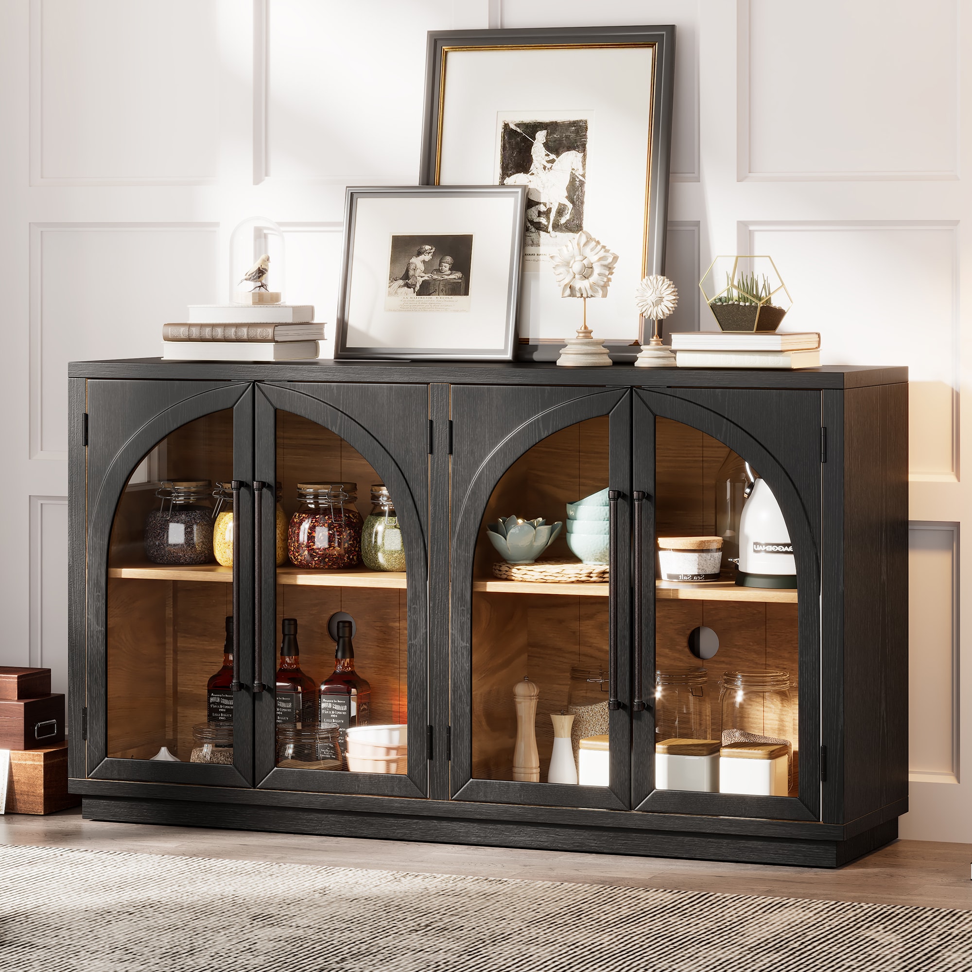 JUSHUA - TREXM 4-Door Large Storage Sideboard Buffet Cabinet with Glass Doors Arched Cabinet with...