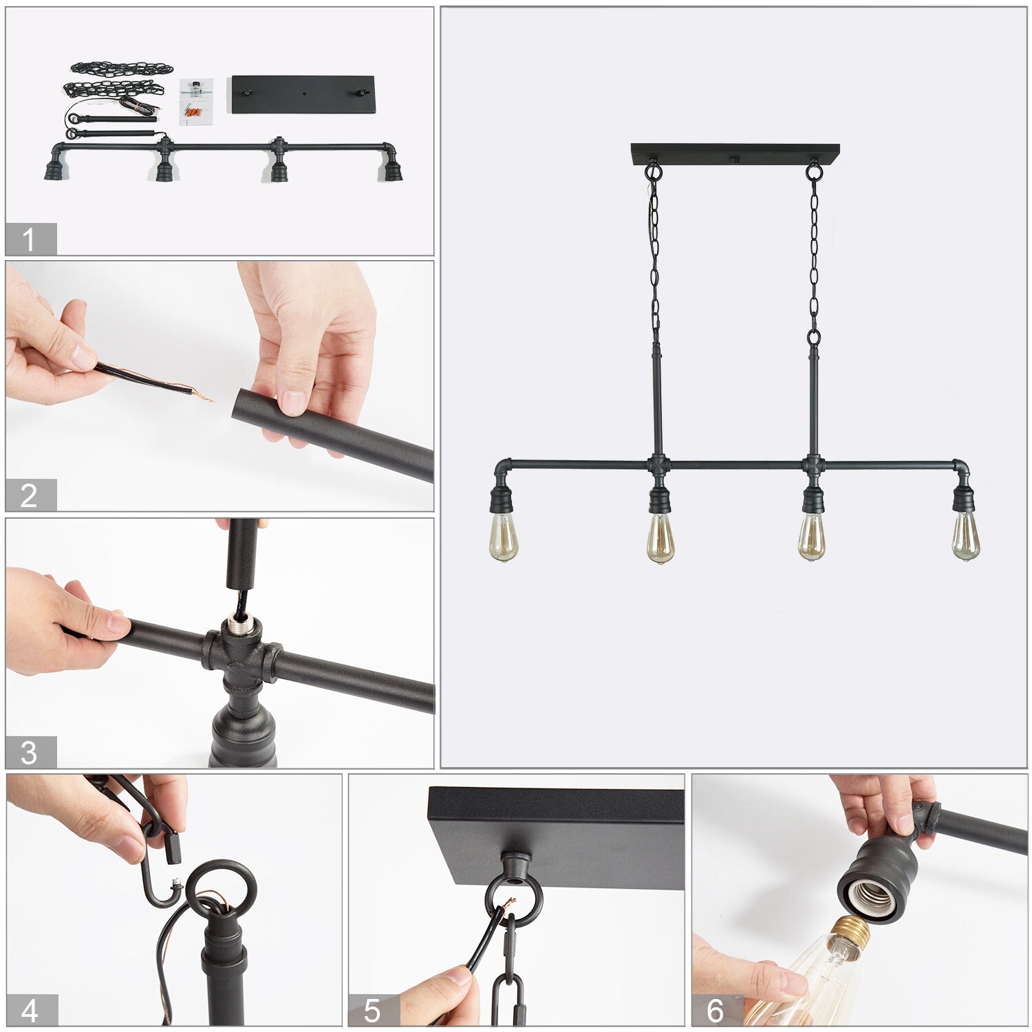 LNC Sabrina Matte Black Industrial Linear LED Large Hanging Kitchen ...