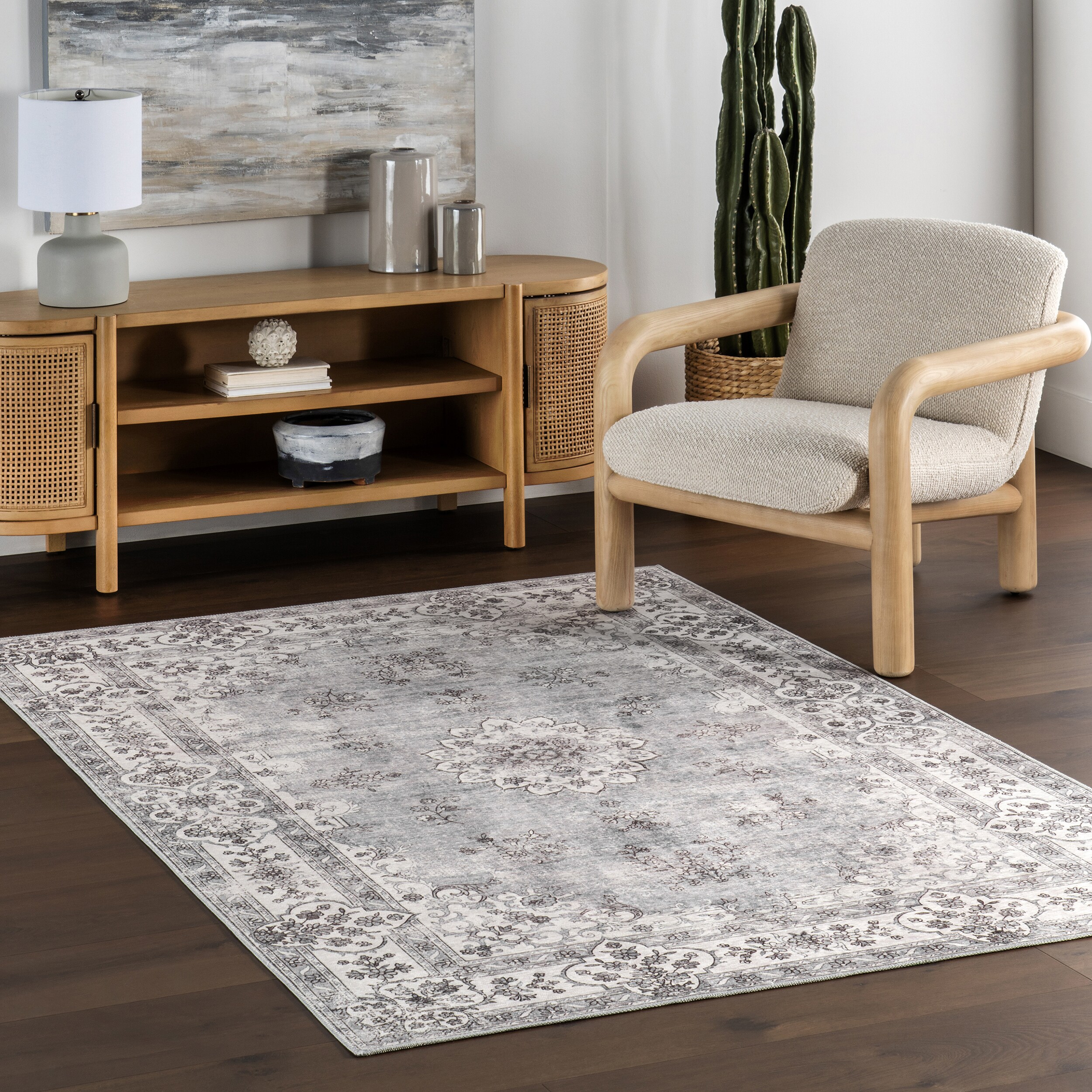 nuLOOM 200BIVL02D-406 Teja SplashGuard Persian Medallion Machine Washable 4ft. x 6ft. Stone Area Rug