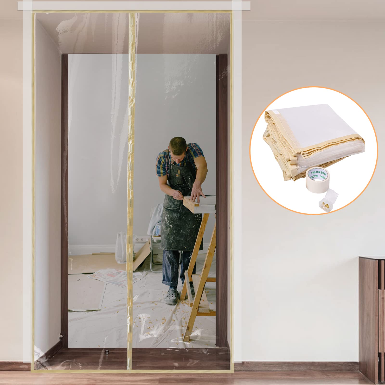 KHKFY  Dust Barrier Plastic Zipper Door Dust Protection Kit Construction Door Cover with Zipper for Kitchen Bathroom Hallway Remodel Fit Standard