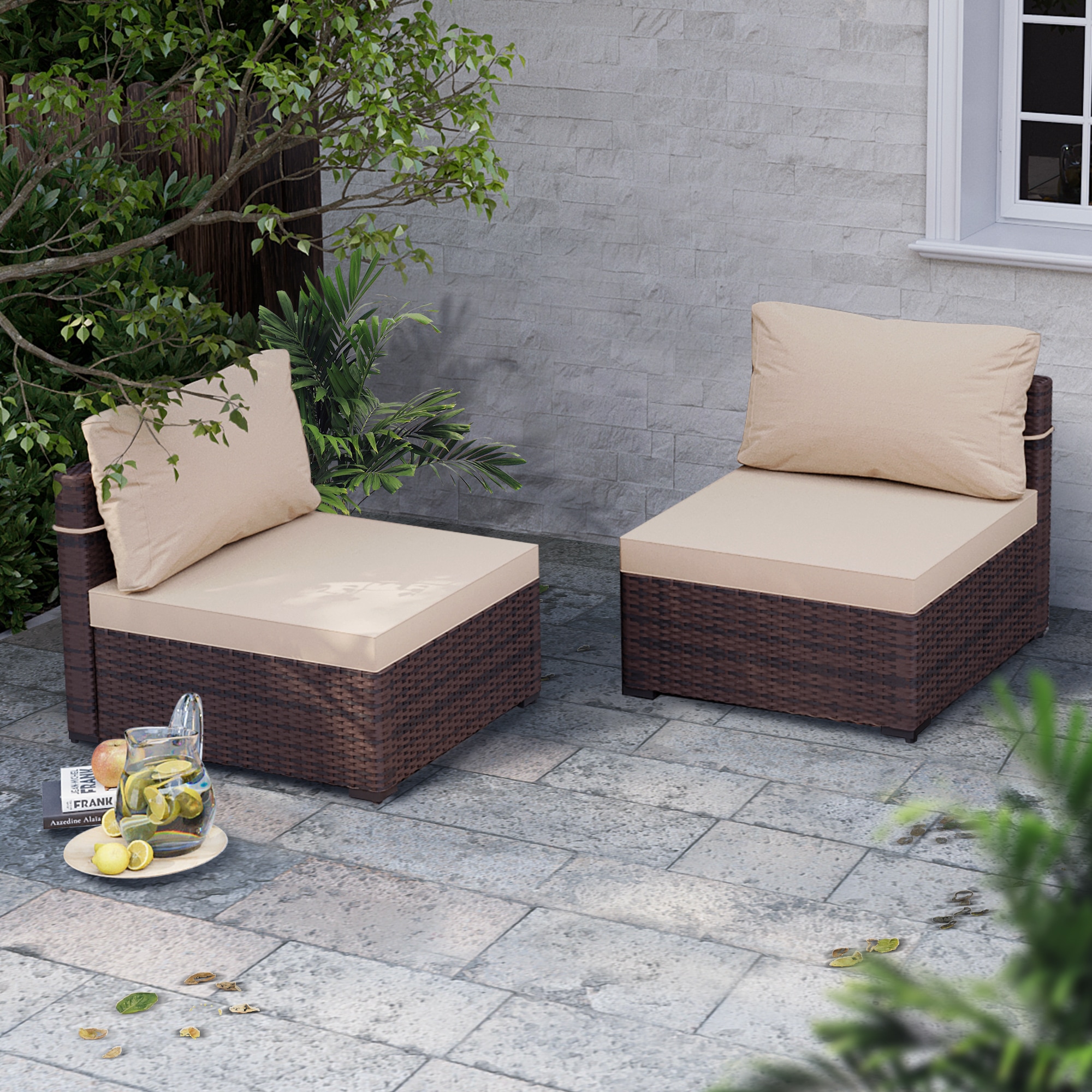 Patio Watcher TBSF-C-BEIGE 2 -Piece Rattan Patio Conversation Set with Beige Cushions