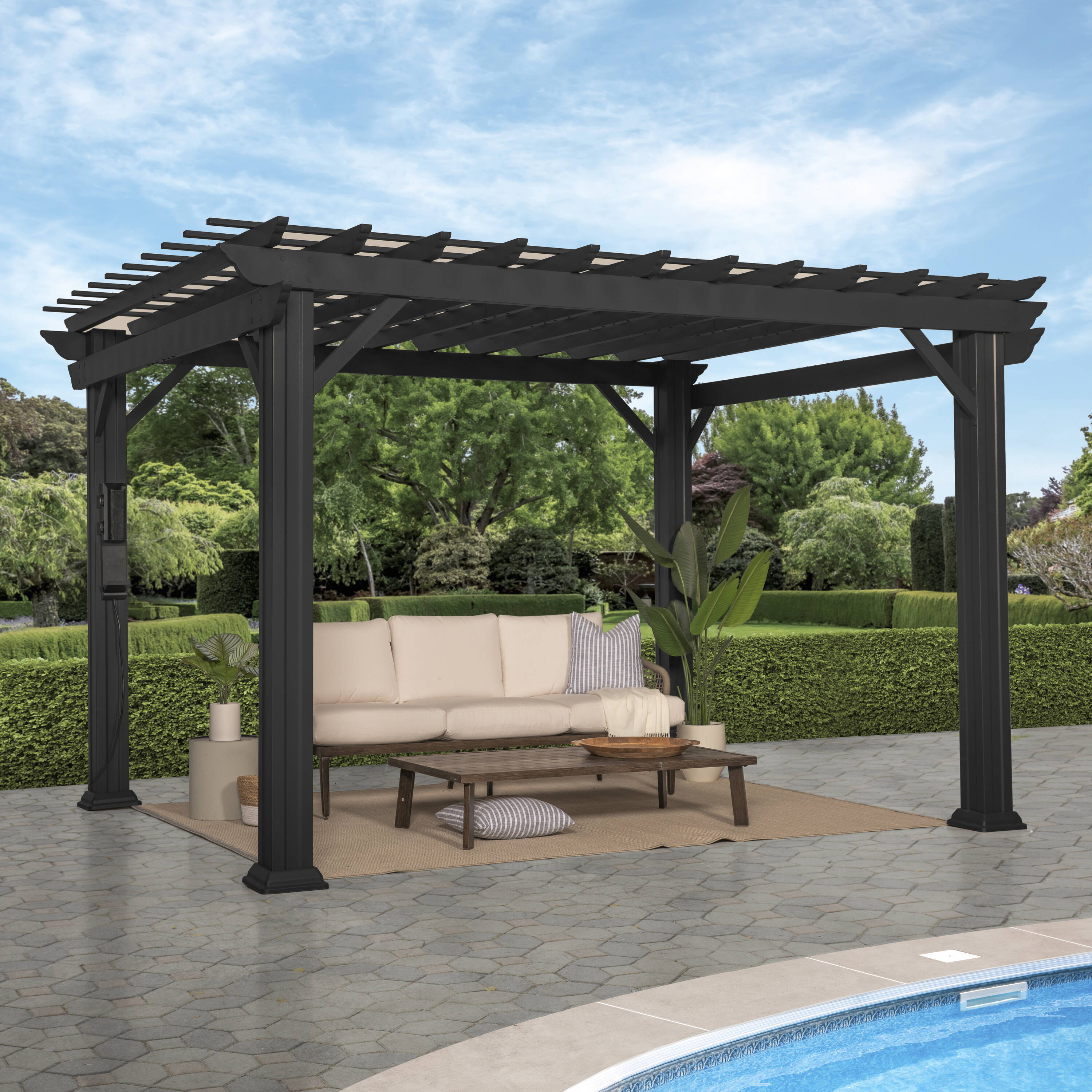 Stratford Black Steel Pergola with Soft Shade Canopy