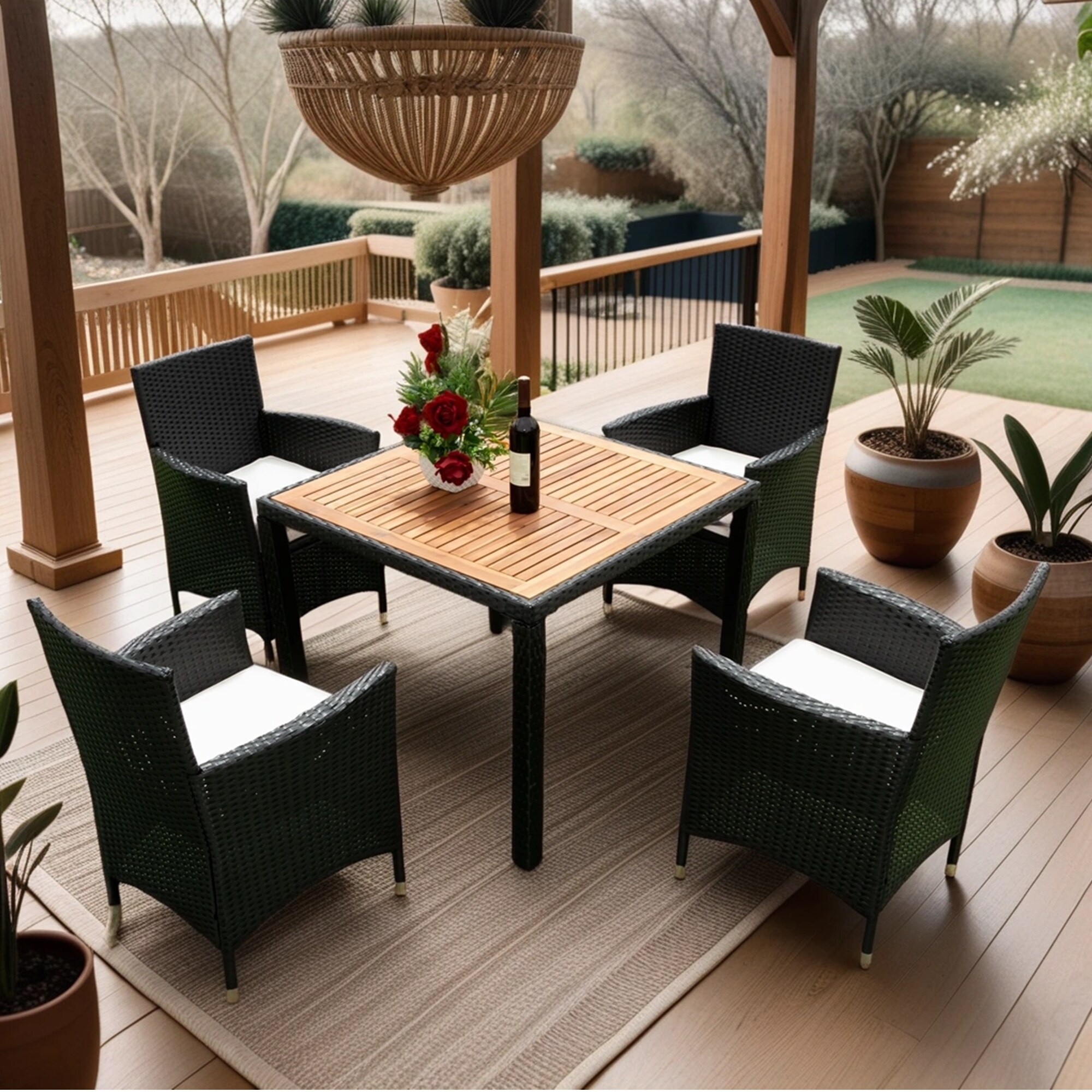 Oizaye ZWG-WF73AAA 5 -Piece Black Rattan Patio Dining Set Wood Square Table with 4 Off-white Cushions Stationary Chairs