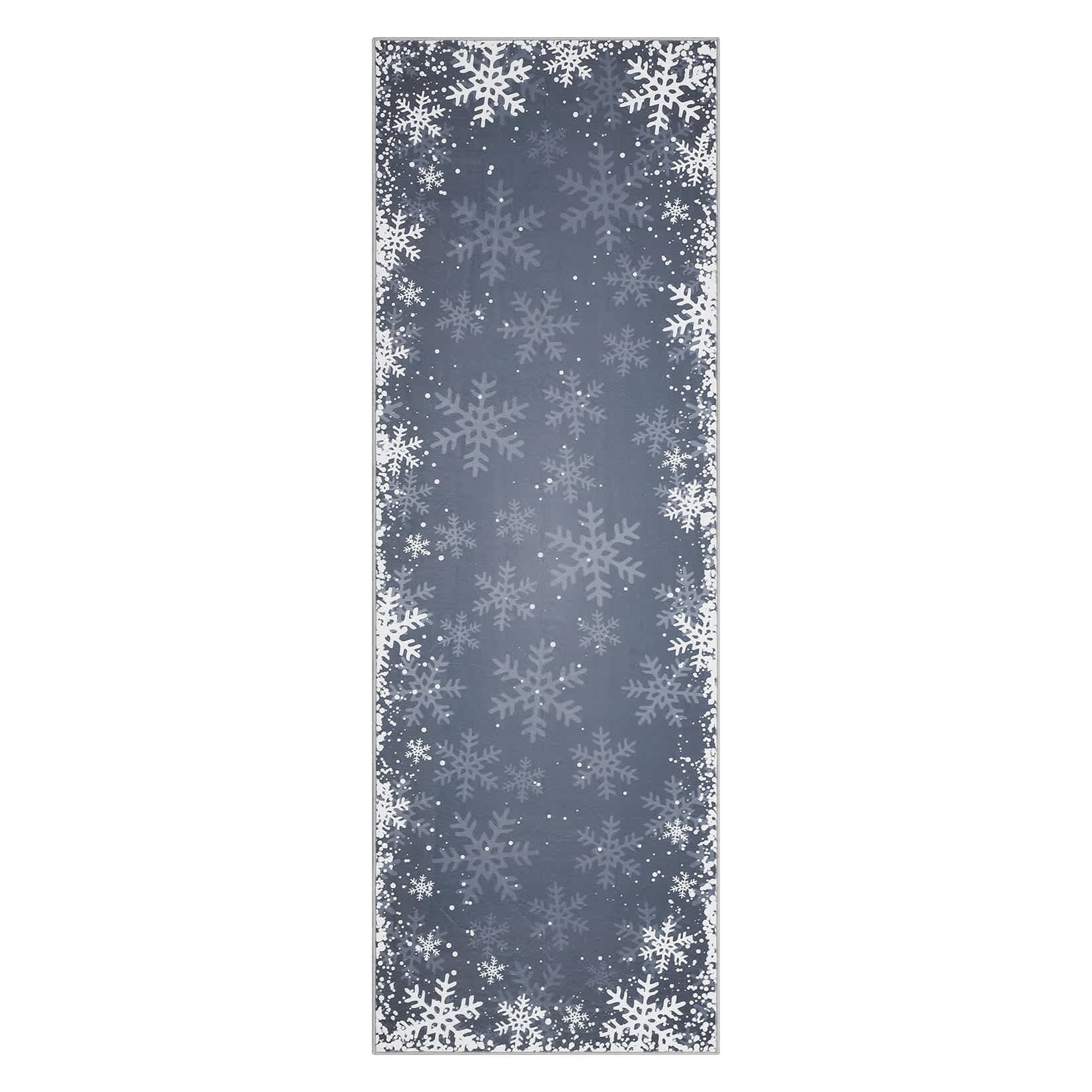 Qeetex SUNNY-PHK-35MGCQXD 2 x 6 ft Grey Christmas Bedroom Entryway Laundry Bathroom Snowflake Print Modern Machine Washable Polyester Rectangular Indoor Runner Rug