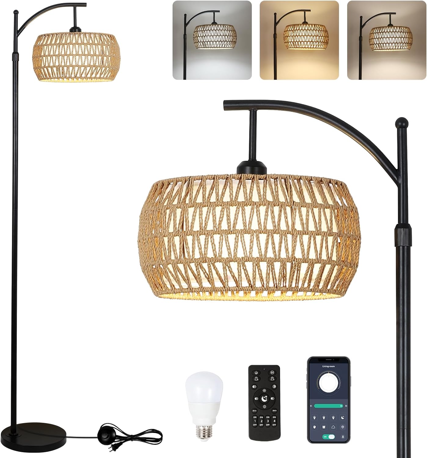 RKZHOPT - Floor Lamps 72.8-in Brown Arc Floor Lamp with Rattan Shade