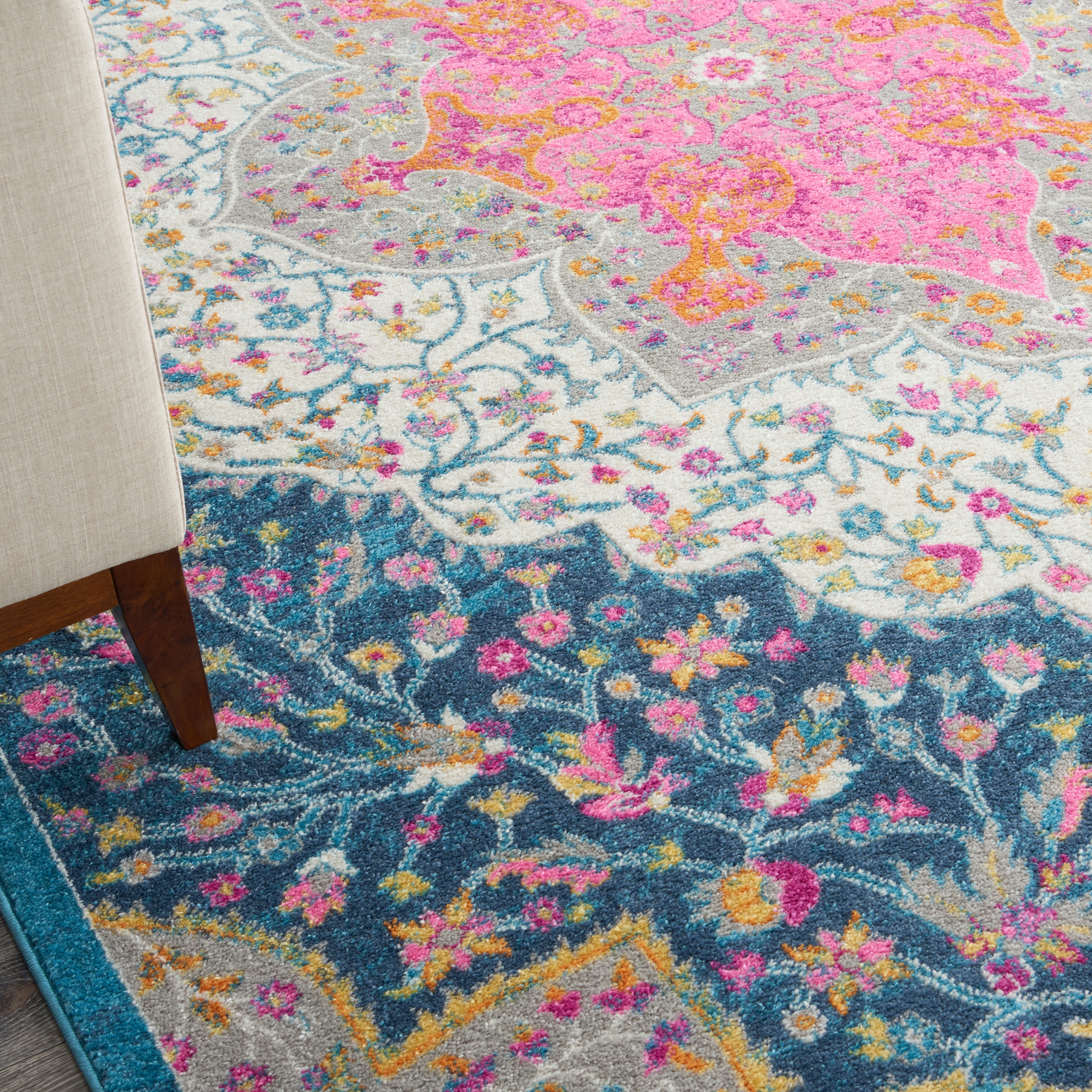 Blue and Pink Floral Synthetic 8' x 10' Reversible Rug
