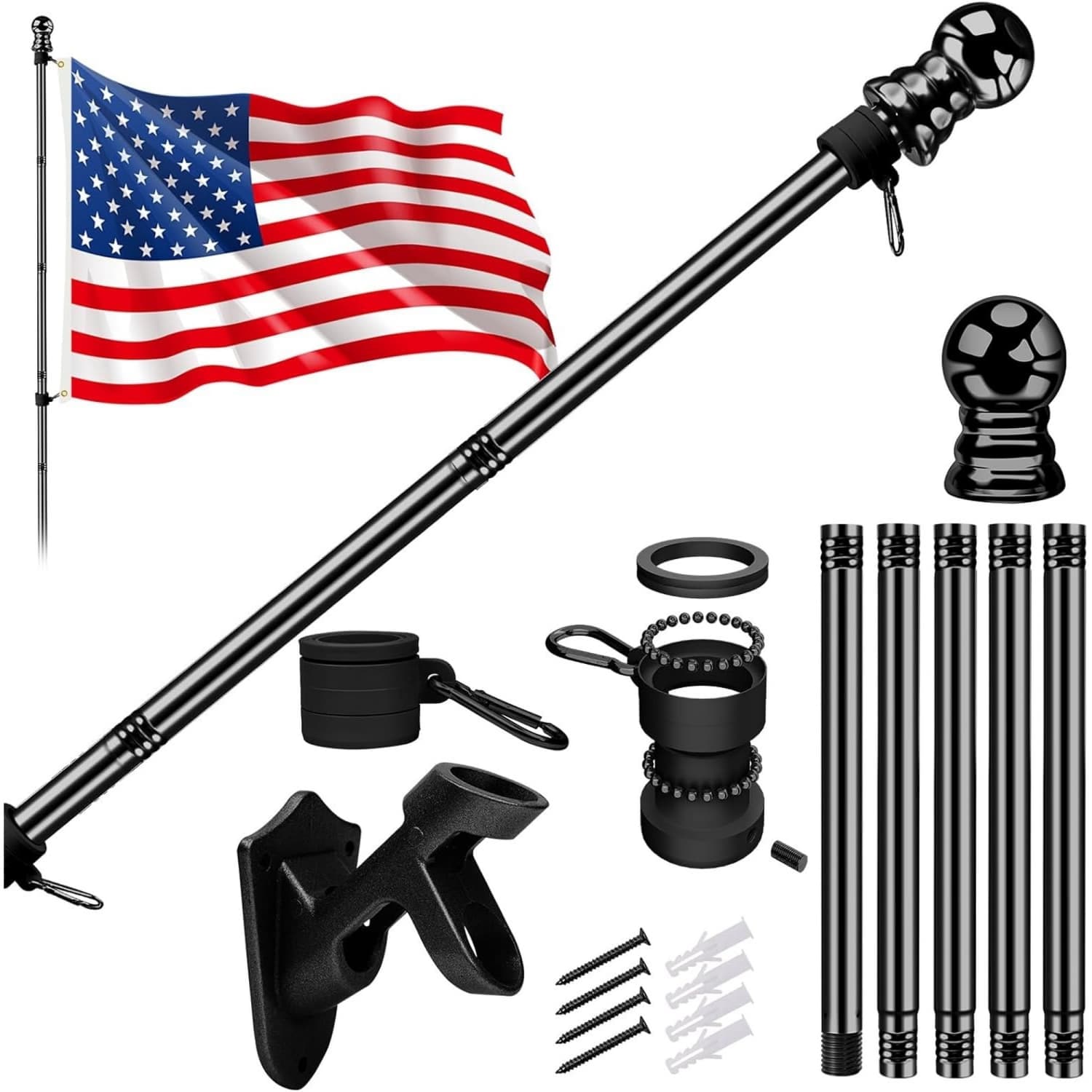 Angel Sar - 5ft Heavy Duty Flag Aluminum Poles Kit with 3x5ft US Flag for Outside House