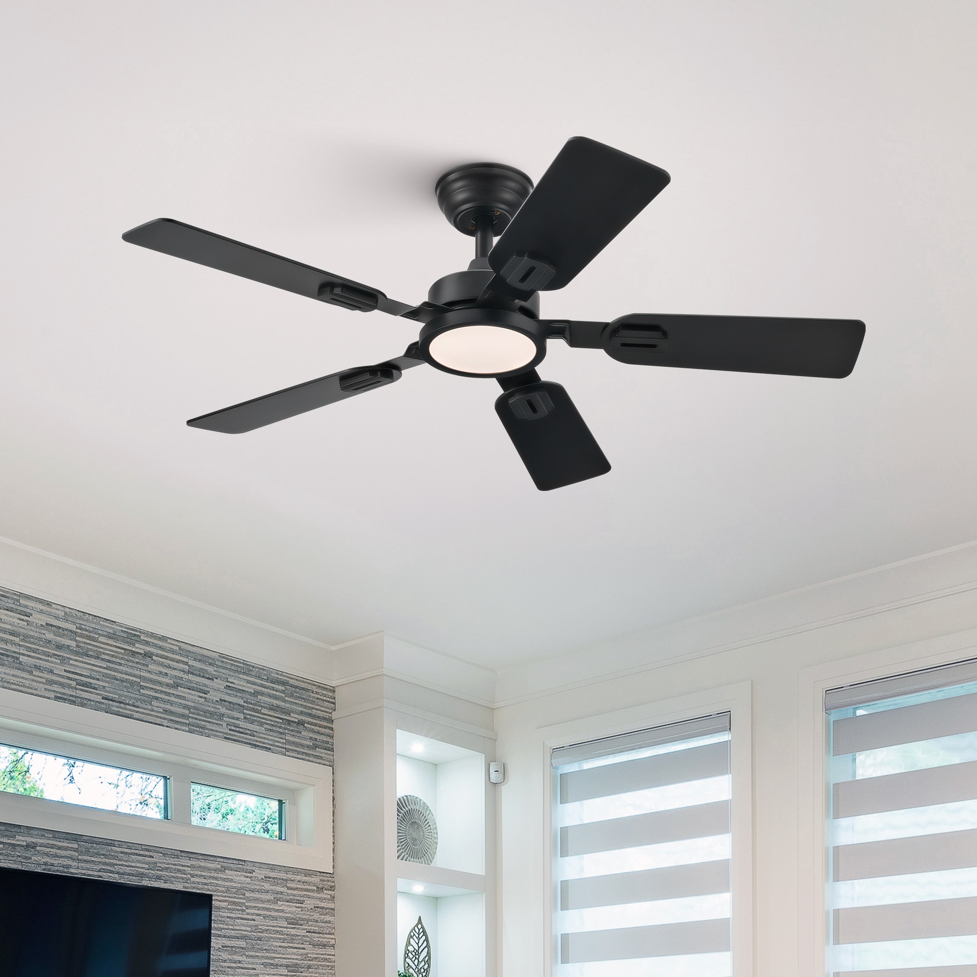 42-in Matte Black with Brown Wood Blades Adjustable White LED Ceiling Fan With Light and Remote Control Included 5 -Blade