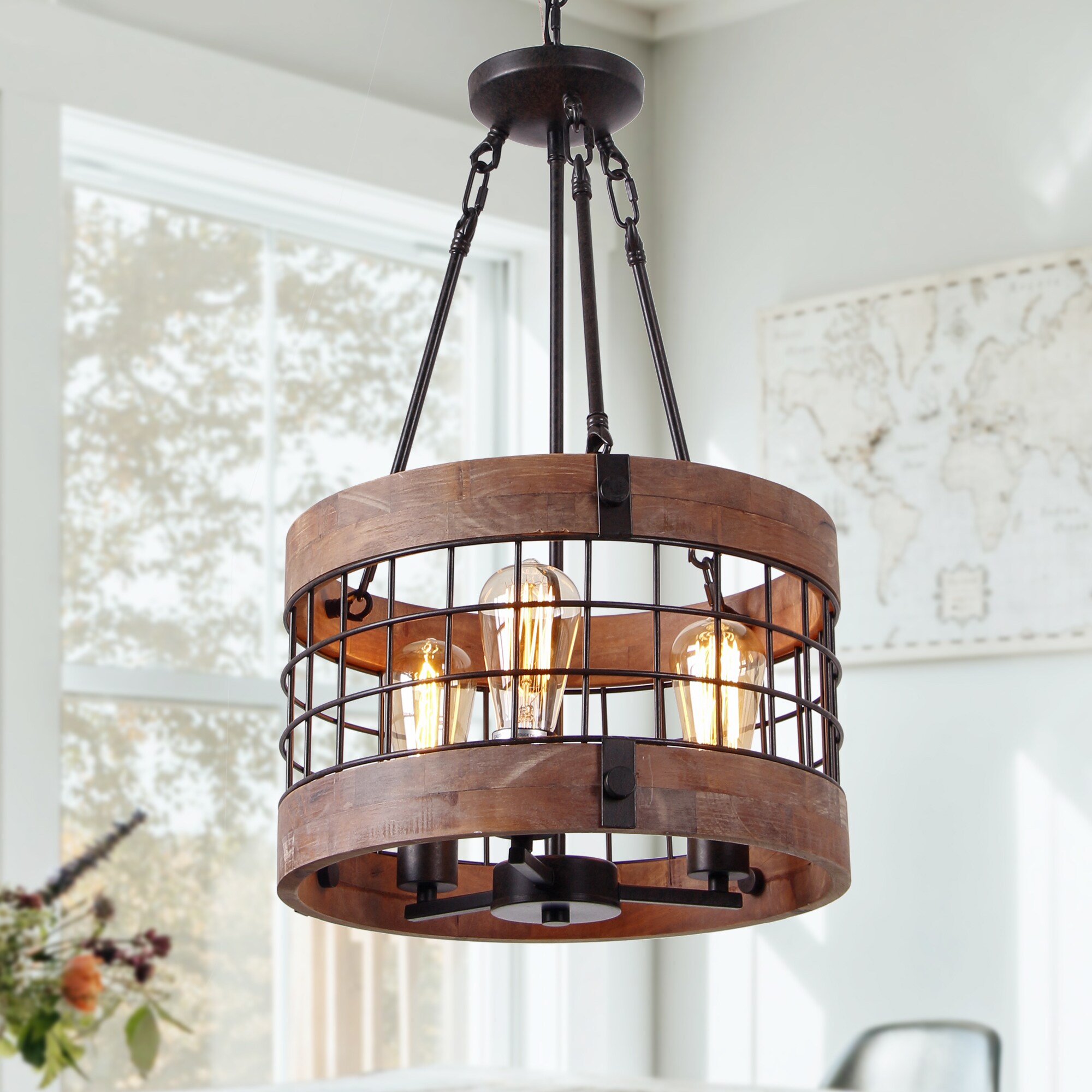 Delarpo C0018 3 -Light Antique Brown Farmhouse Cage Wood For Use in Bedrooms, Dining Rooms, Foyers, Kitchens, Living Rooms Chandelier