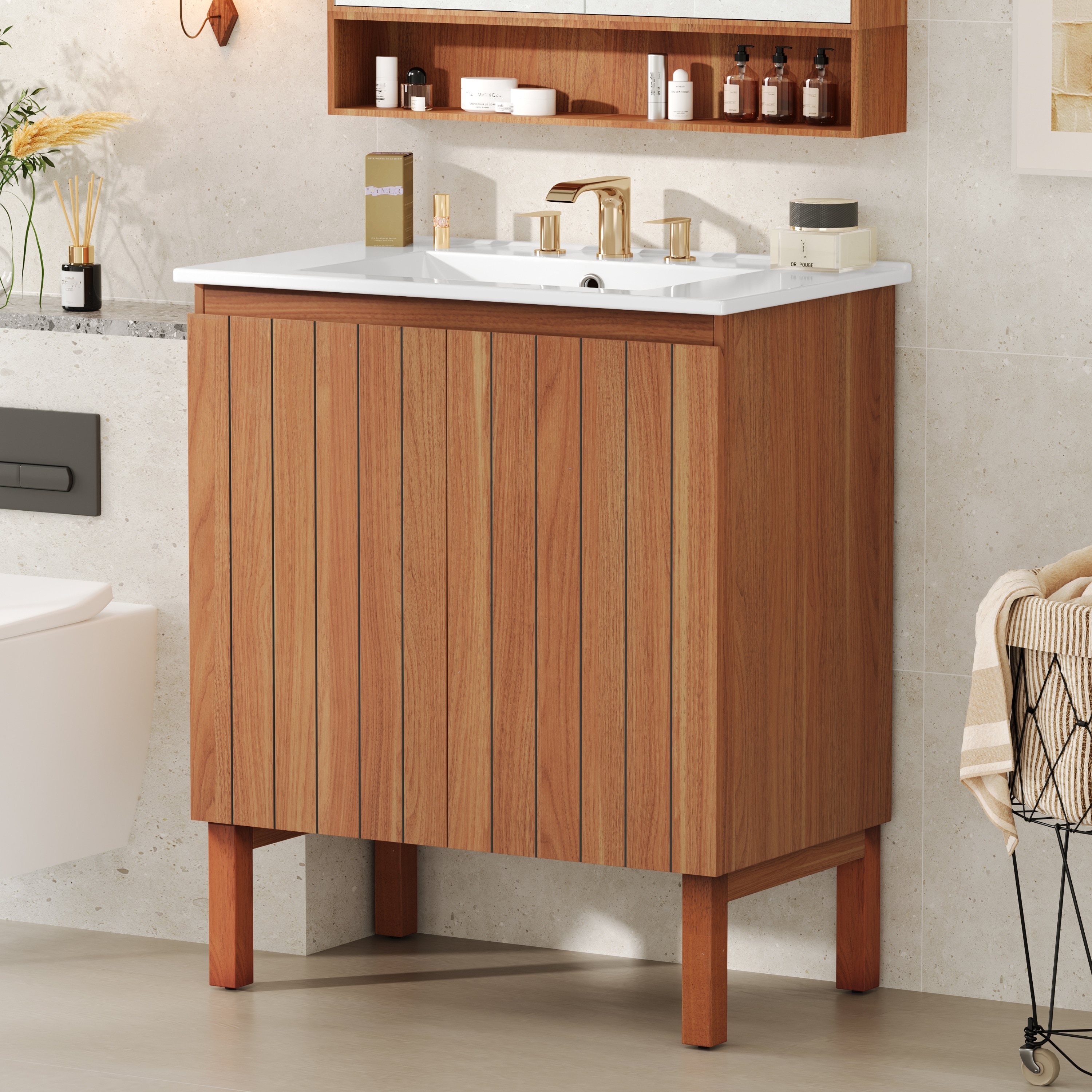 LOVMOR  30 inch Modern Bathroom Vanity with Ceramic Sink Vintage Minimalist Bathroom Vanity Cabinet 45 Degrees Free Handle Design Doors Vertical Stripe Design Bathroom Vanity with Large Storage Space Natural