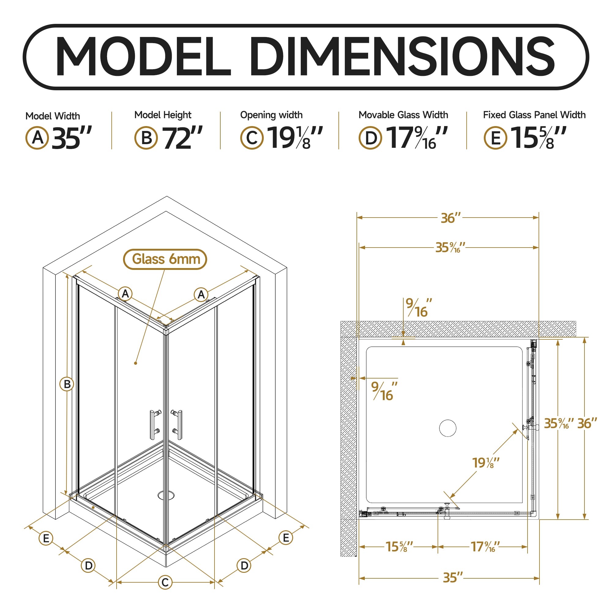 JUSHUA 36 inches D X 36 inches W X 72 inches H Corner Shower