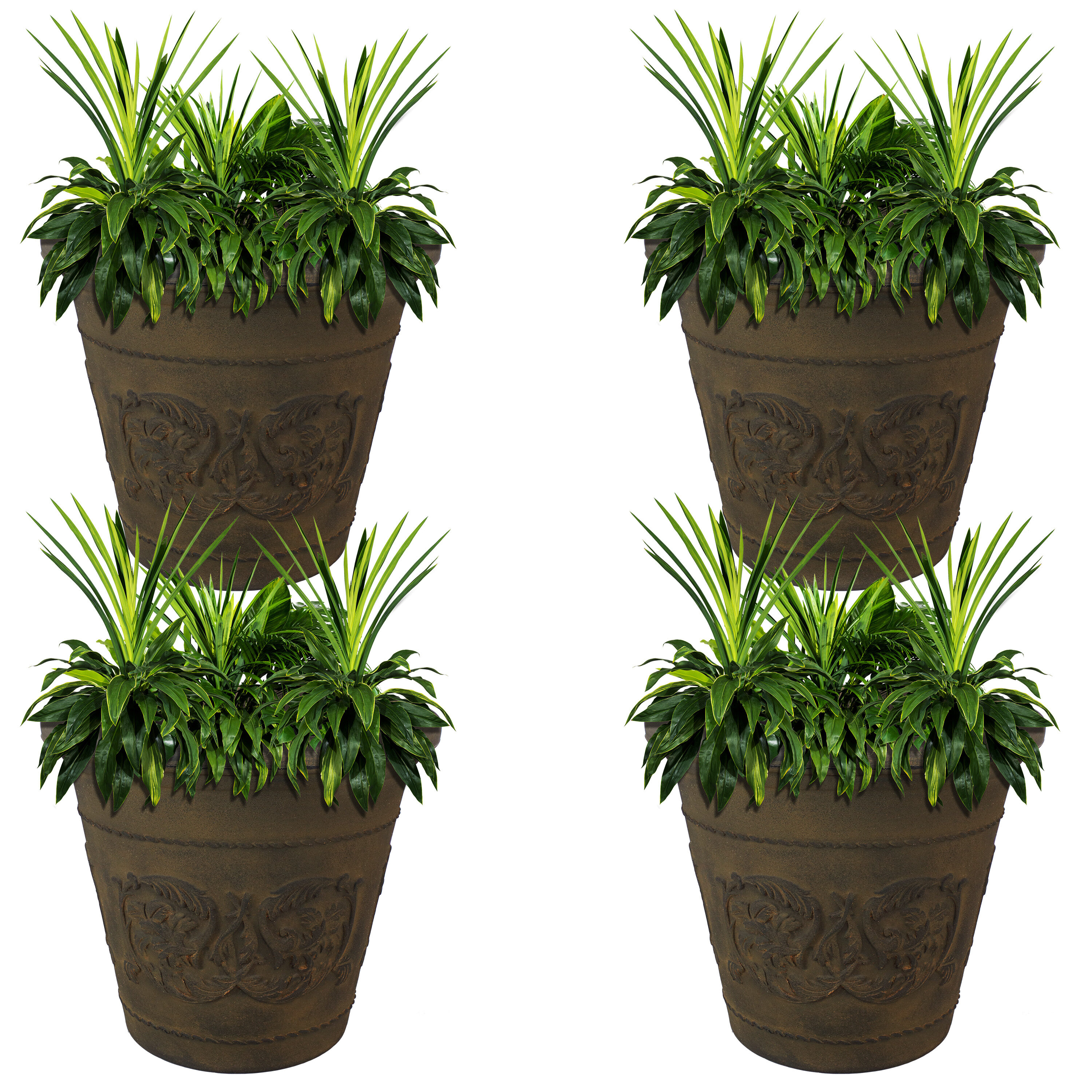 Sunnydaze Decor DG-889 4 -Pack Round 12.0-in W x 17.5-in H x 12-in D Brown Resin Indoor/Outdoor Planter