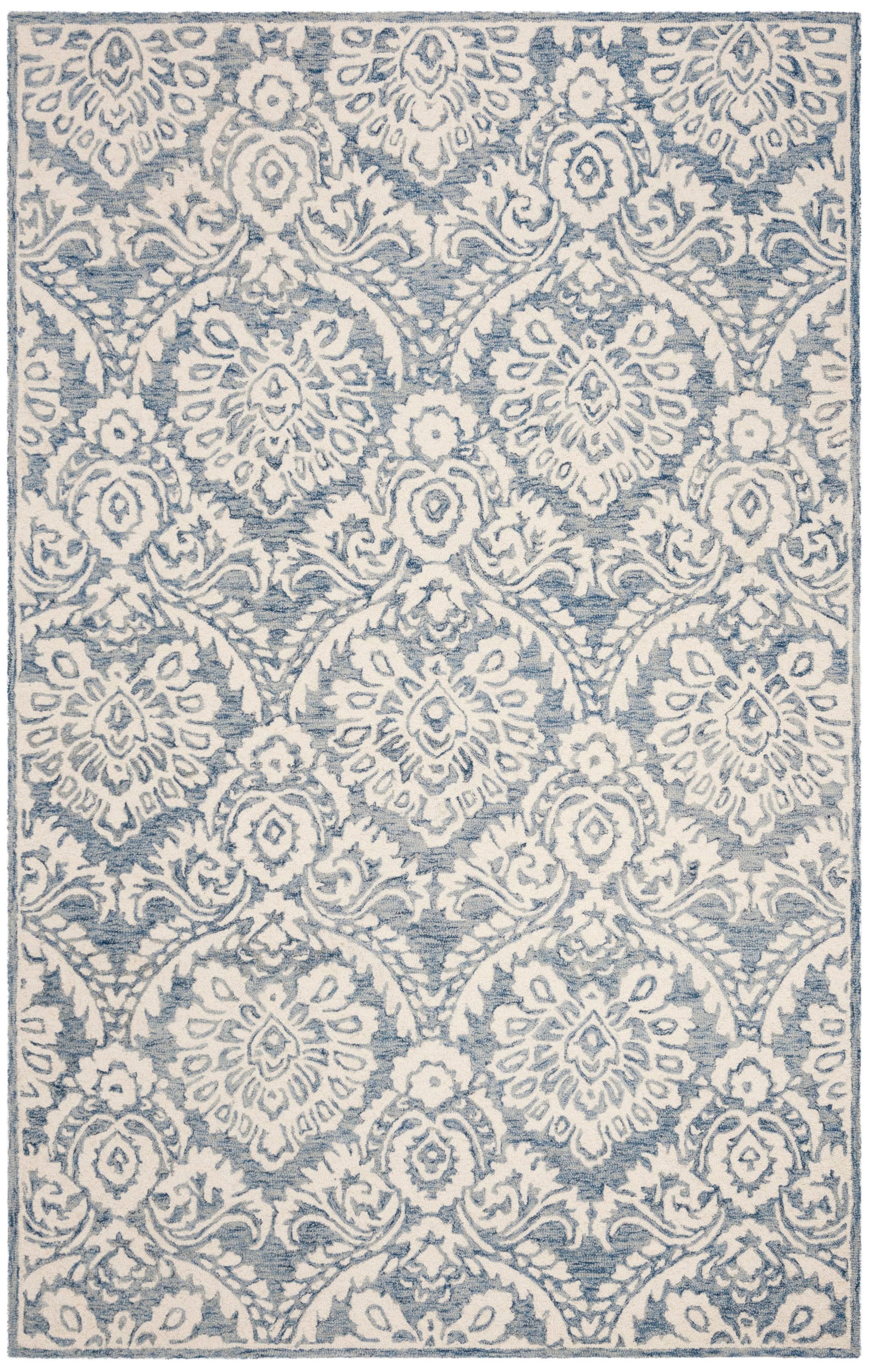 Safavieh BLM106M-5 Blossom Littie 5 x 8 (ft) Tufted Wool Blue/Ivory Rectangular Indoor Floral/Botanical Farmhouse/Cottage Area rug