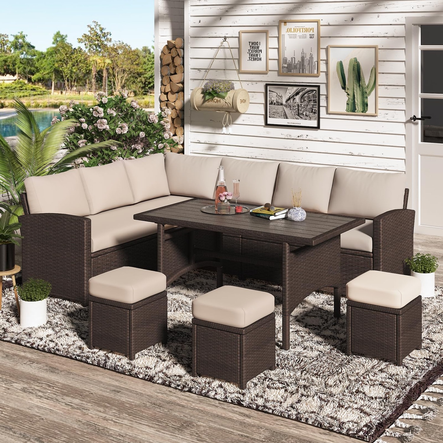 AECOJOY 16076WH-LS01 Conversation Set Outdoor Sectional with White Cushions and Wicker Frame