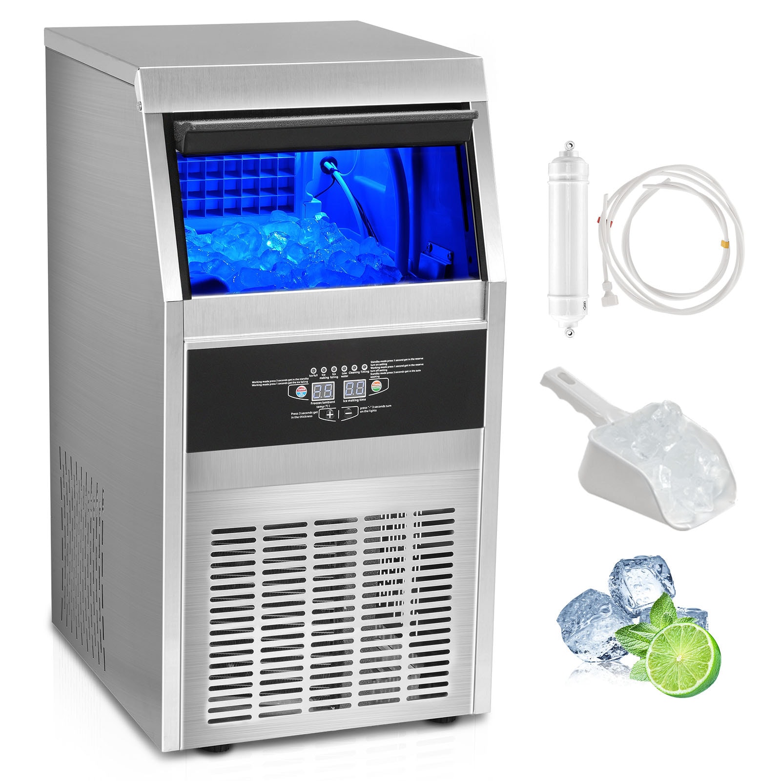 VEVOR SCQSYYTSFBZB07314V1 Commercial Ice Maker 90lbs/24H Ice Maker Machine 45 Ice Cubes in 12-15 Minutes Freestanding Cabinet Ice Maker with 24lbs Storage Capacity LED Digital Display for Bar Home Office Restaurant