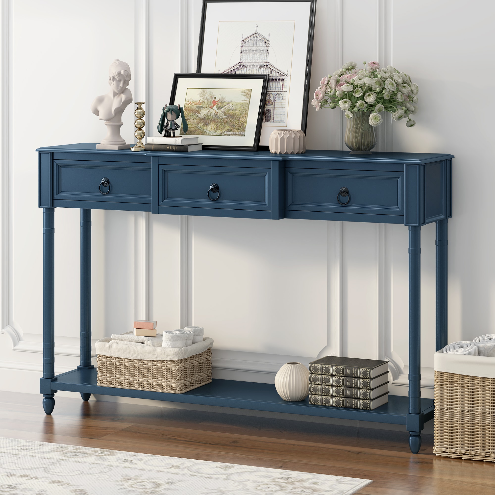 LOVMOR SF-M-WF314994AAM Console Table Sofa Table with Drawers for Entryway with Projecting Drawers and Long Shelf Antique Navy