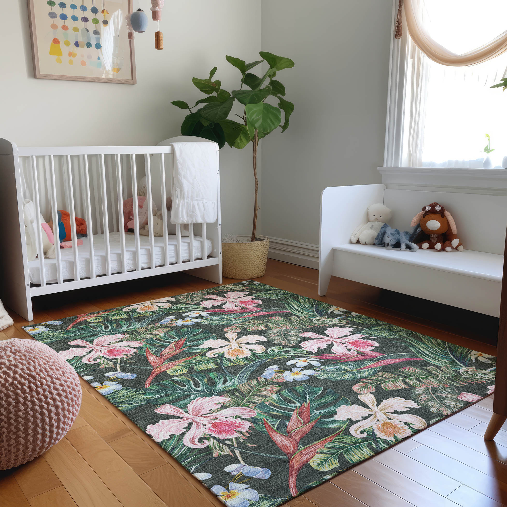 8' x 10' Red Synthetic Floral Washable Rug