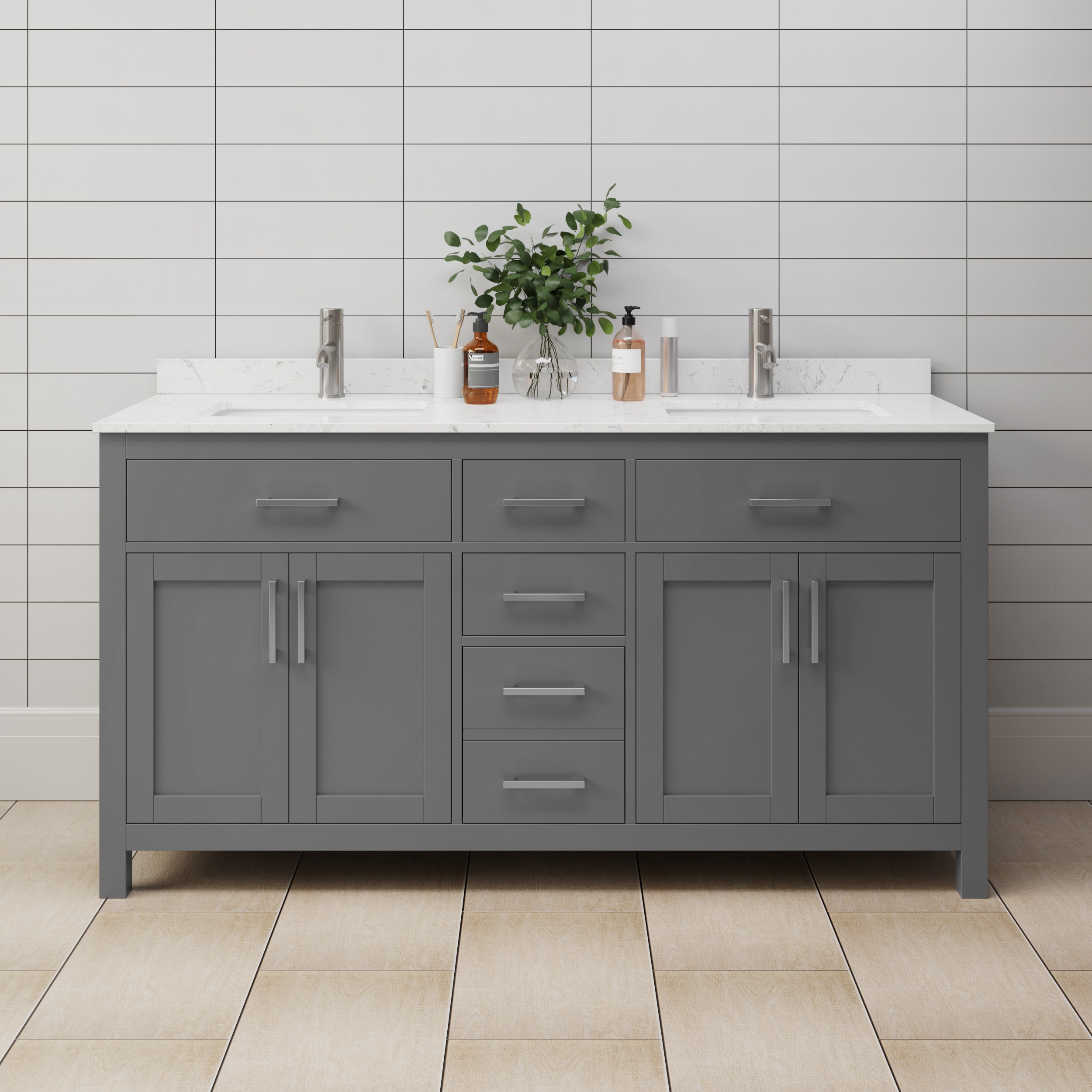 Wyndham Collection WCG242466DKGCCUNSMXX Beckett 66-in Dark Gray with Brushed Nickel Trim Undermount Double Sink Bathroom Vanity with Carrara Cultured Marble Top