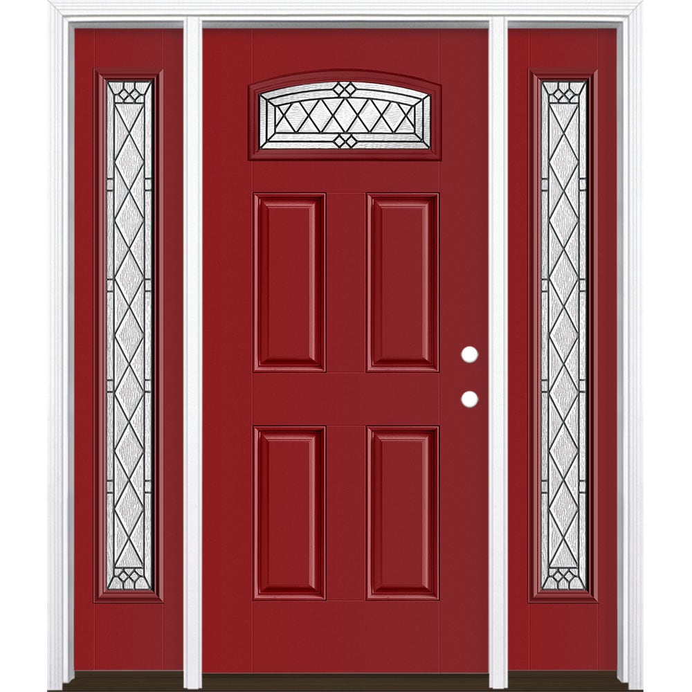 Masonite 3350106 Alston 64-in x 80-in x 4-9/16-in Fiberglass 1/4 lite Left-hand inswing Roma Red Painted Prehung Front Door with Sidelights with Brickmould Insulating core