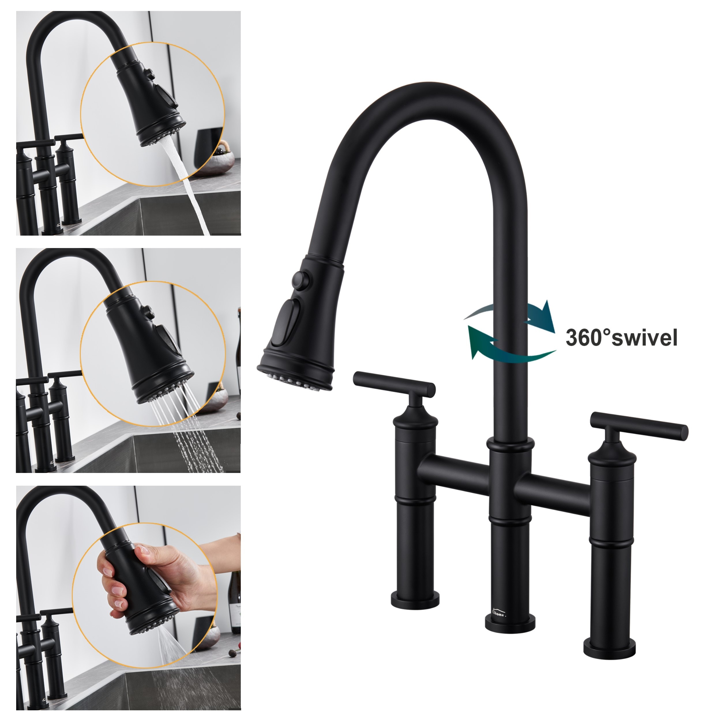 Mondawe OR-SP02MB-DG Matte Black Double Handle Deck-mount Bridge Kitchen Faucet with Sprayer