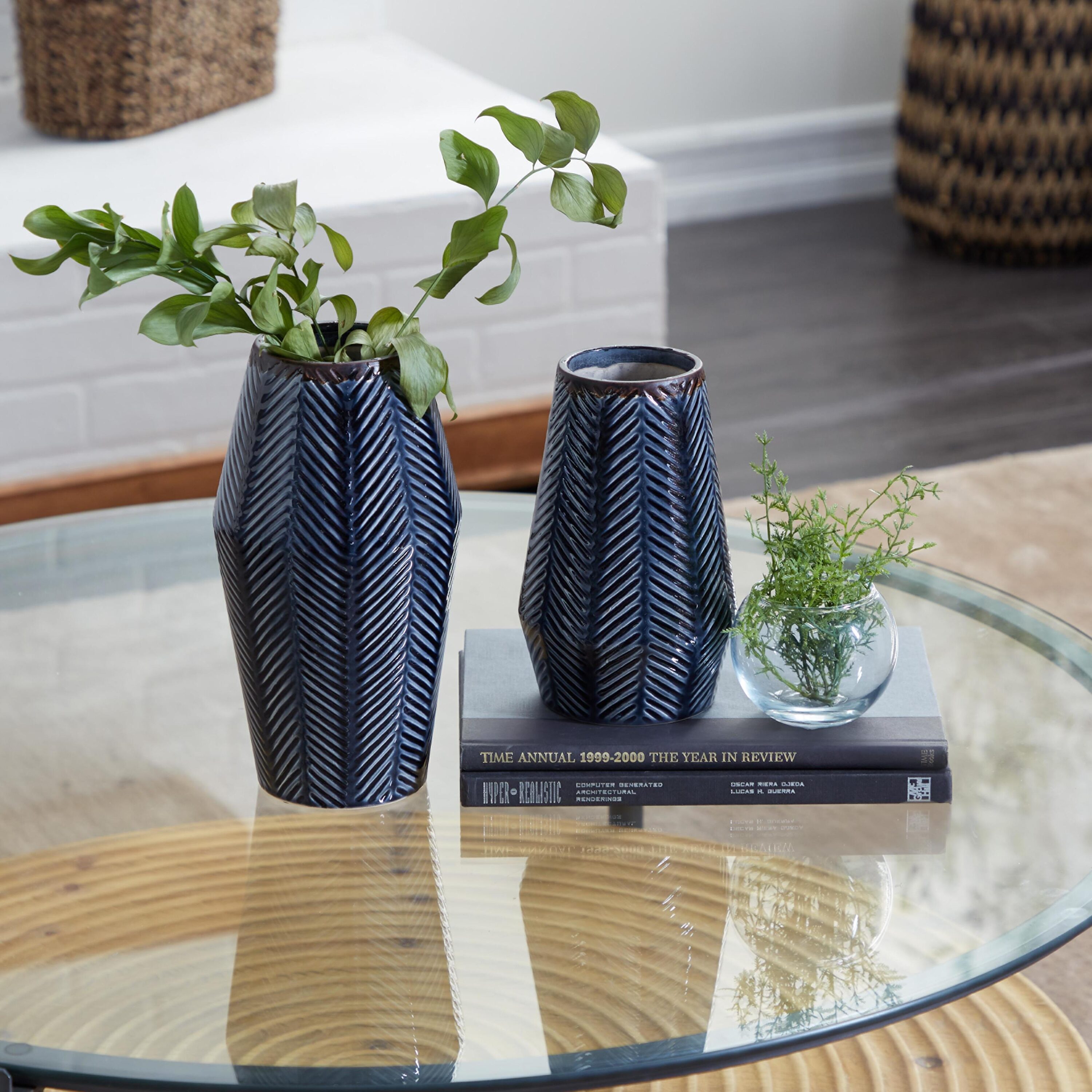 Dark Blue Chevron Ceramic Table Vase Set, 2-Piece