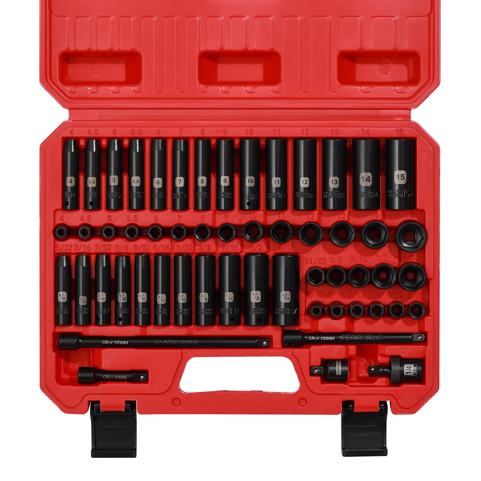 Aoibox  55 Piece 1 4 in Drive SAE and Metric Deep Shallow Swivel 6 Point Impact Socket Set Cr V Steel