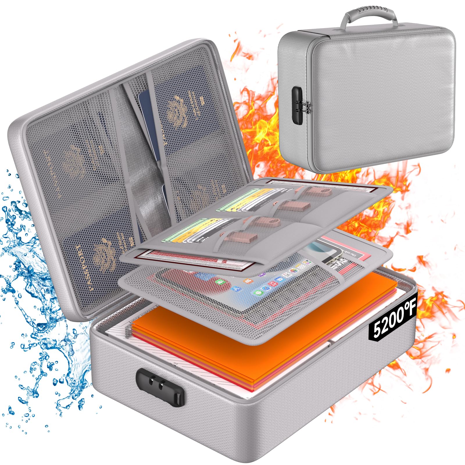 LAIFUCAM  Fireproof Document Organizer with Lock Heat Insulated Water Resistant Storage Box 8 Layer Portable Safe for Home Office Travel