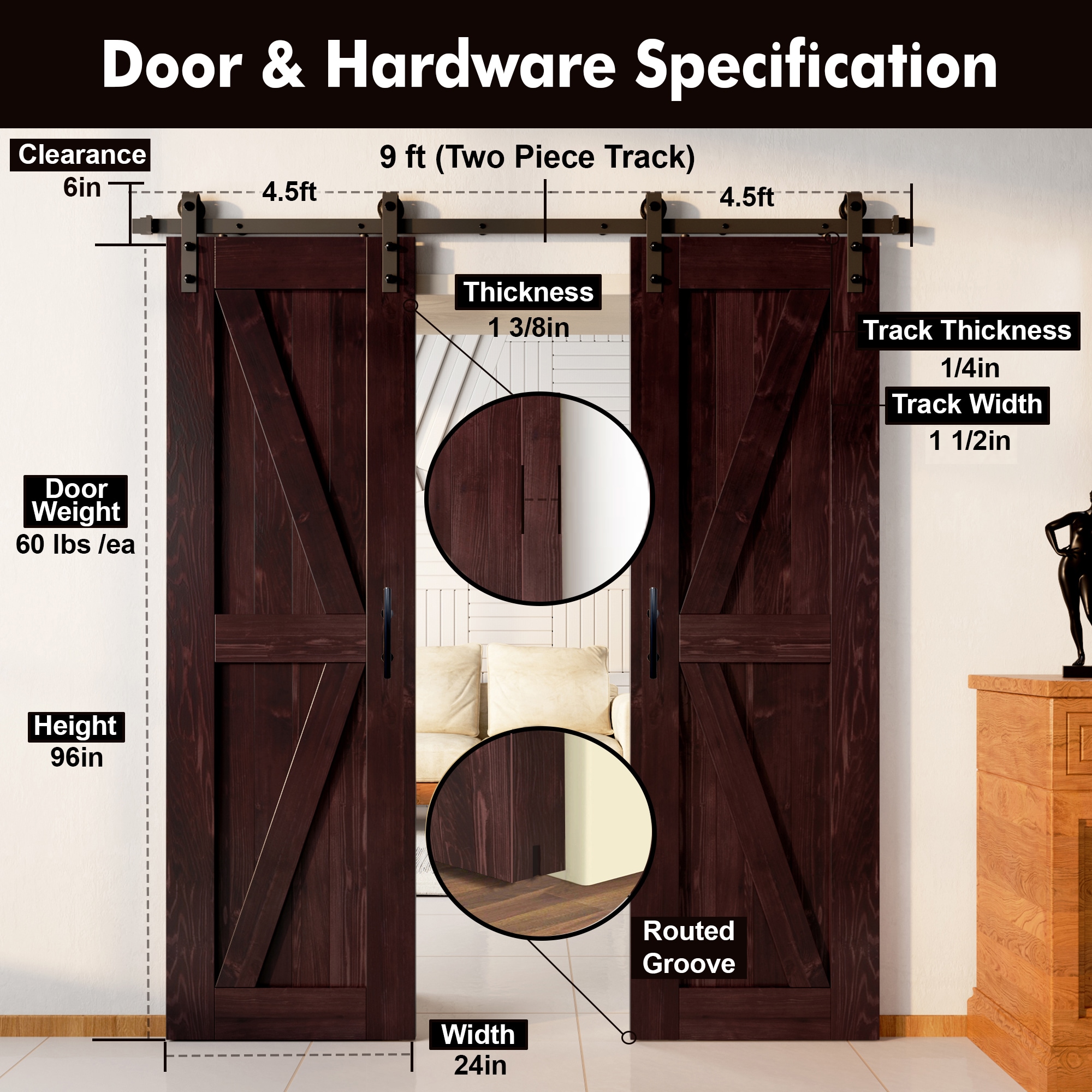 HOMACER YT2TGH108C-2496-K-RD Barn-Doors - View #7