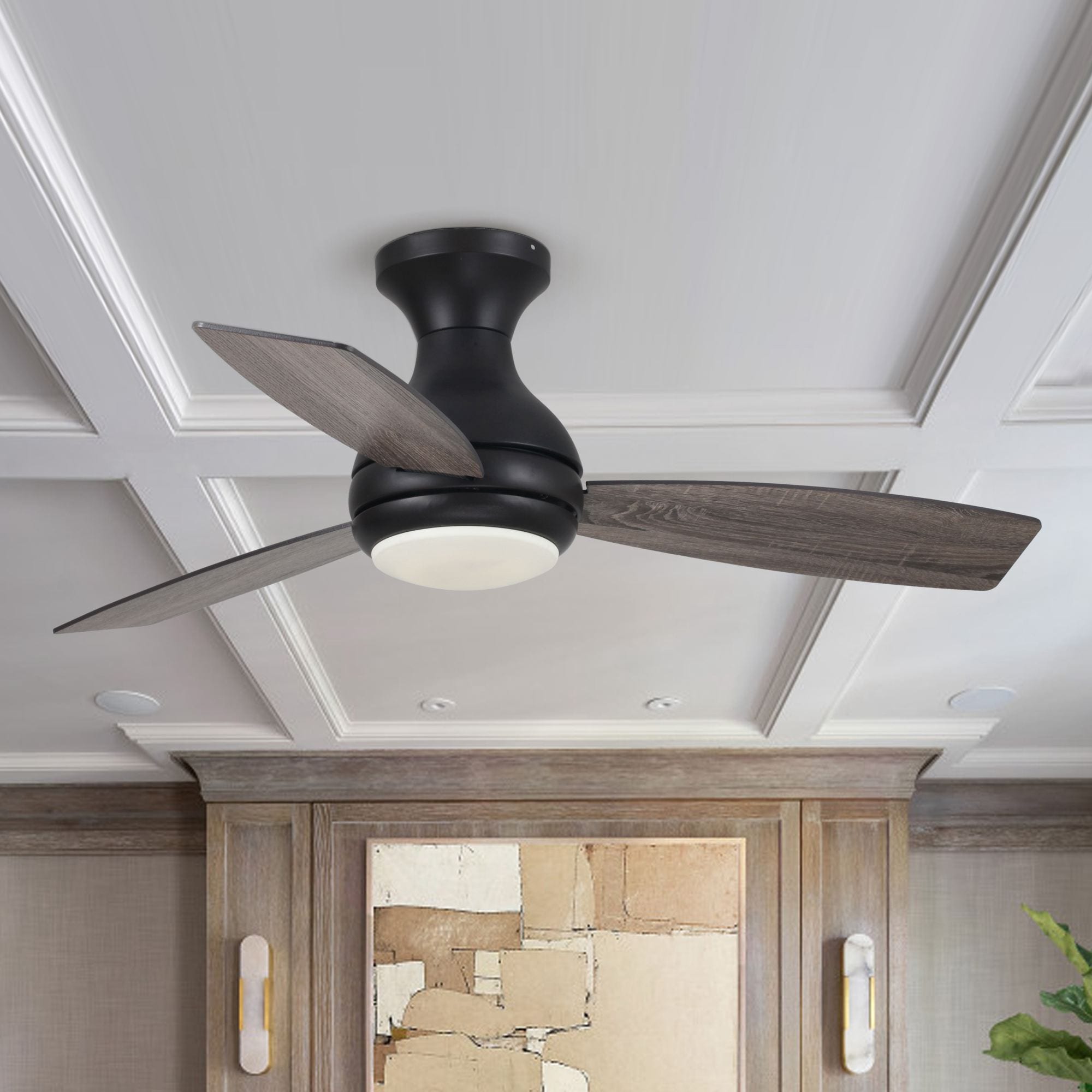 Parrot Uncle F6297110V 48-in Flush Mount Matte Black with Wood Blades Ceiling Fan With Light - Remote Included ( 3 -Blade )