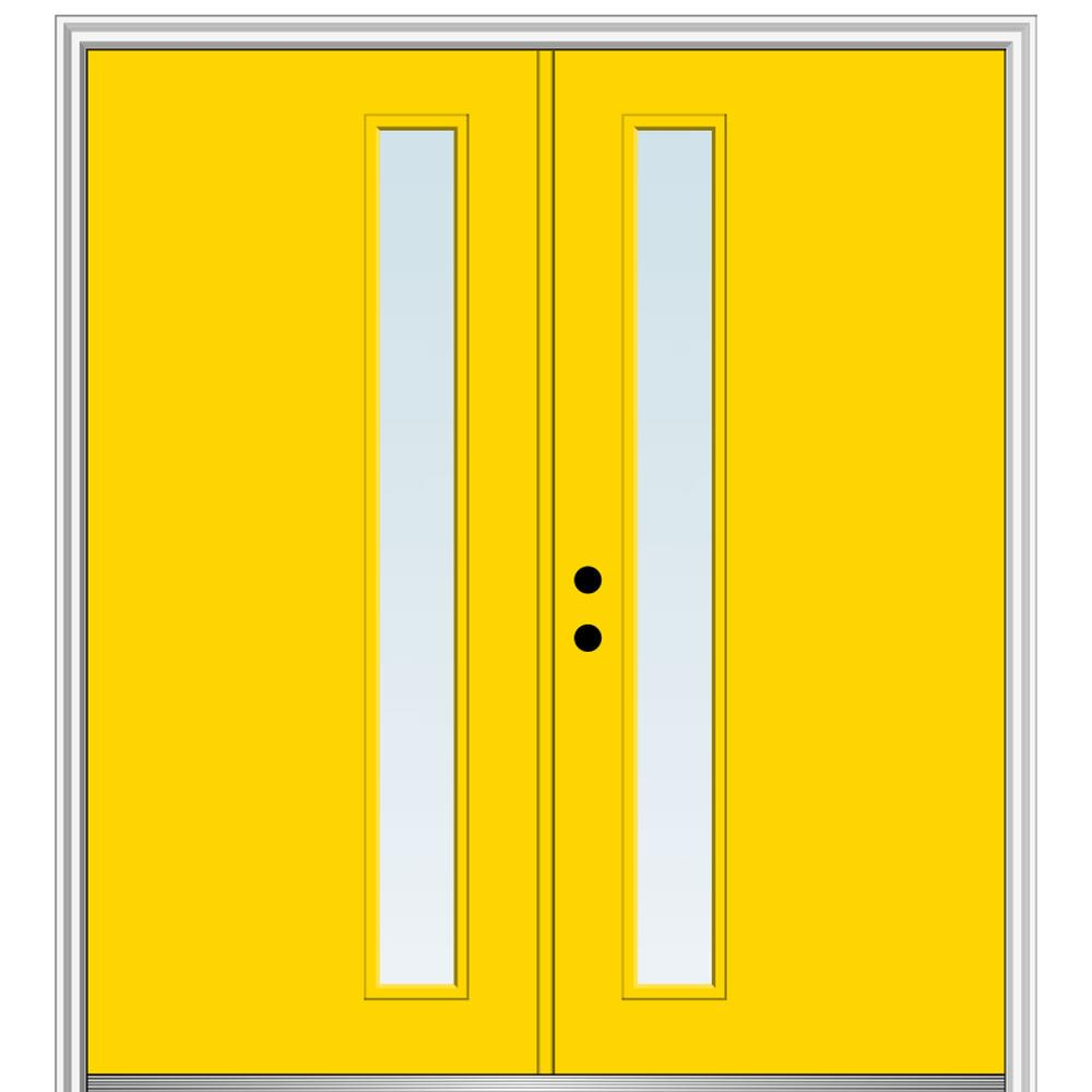 MMI DOOR ZZ345744R Spotlights 64-in x 80-in x 4-9/16-in Fiberglass Pulse lite Right-hand inswing Yellow Flash Painted Prehung Double Front Door with Brickmould Insulating core