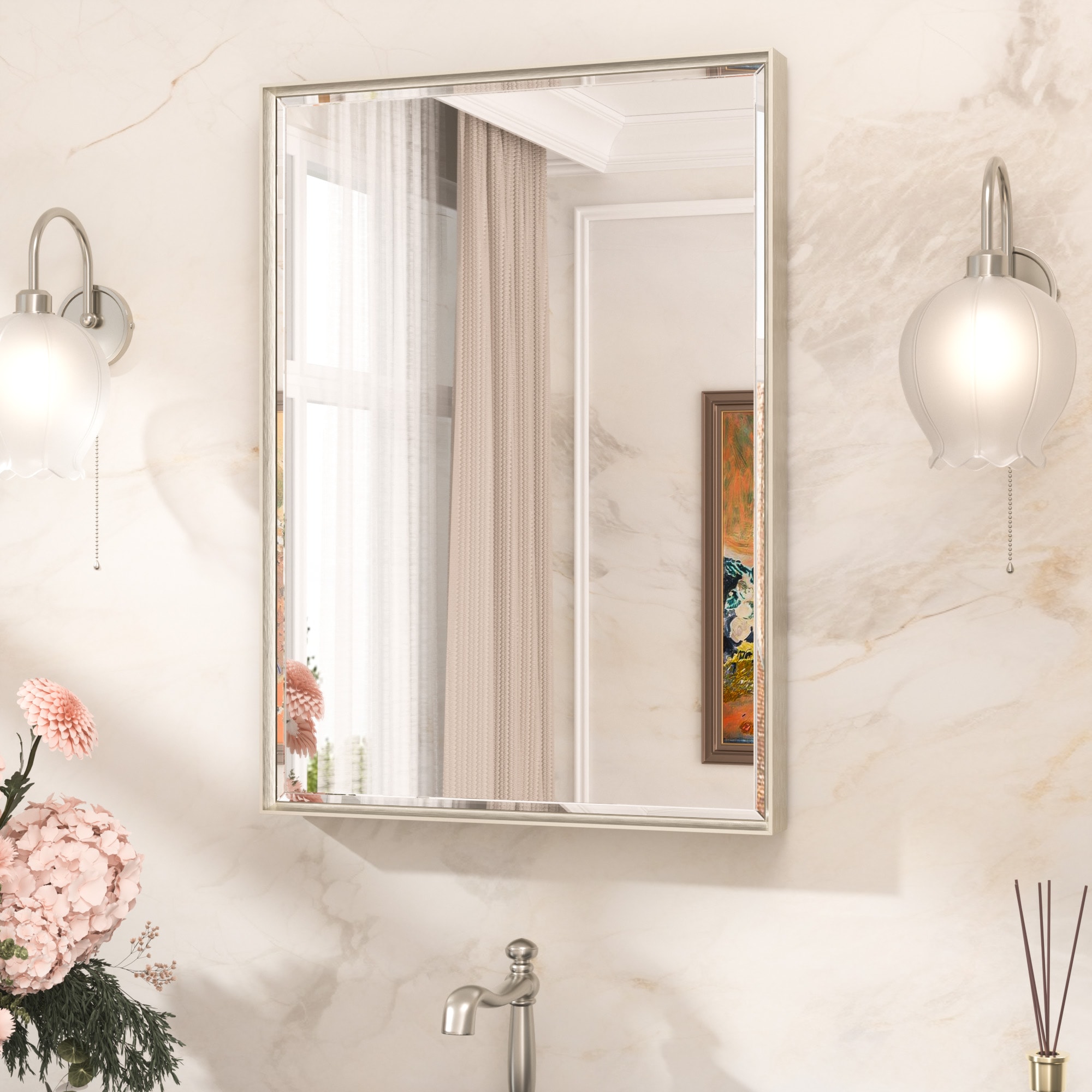 TETOTE 22x30 Inch Brushed Nickel Beveled Bathroom Vanity Mirror Metal Framed Over Sink Wall Mirror Horizontal/Vertical