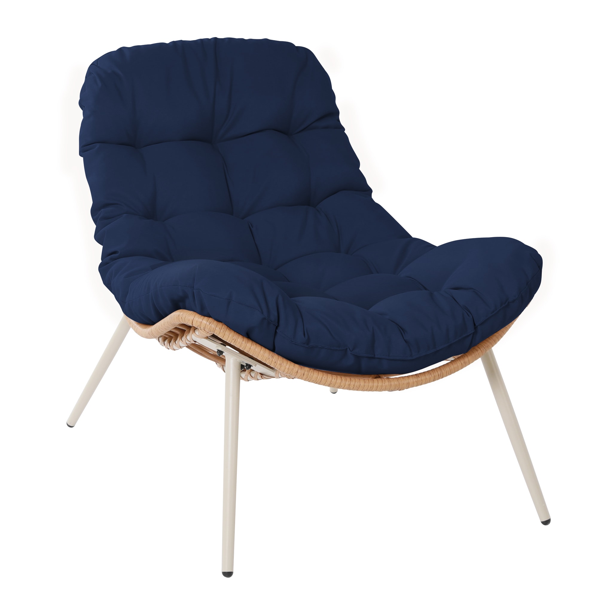 Patio Watcher LCYL-1C-Y2 Recliner Chair Rattan Yellow Metal Frame Stationary Chaise lounge Chair with Navy Cushioned Seat