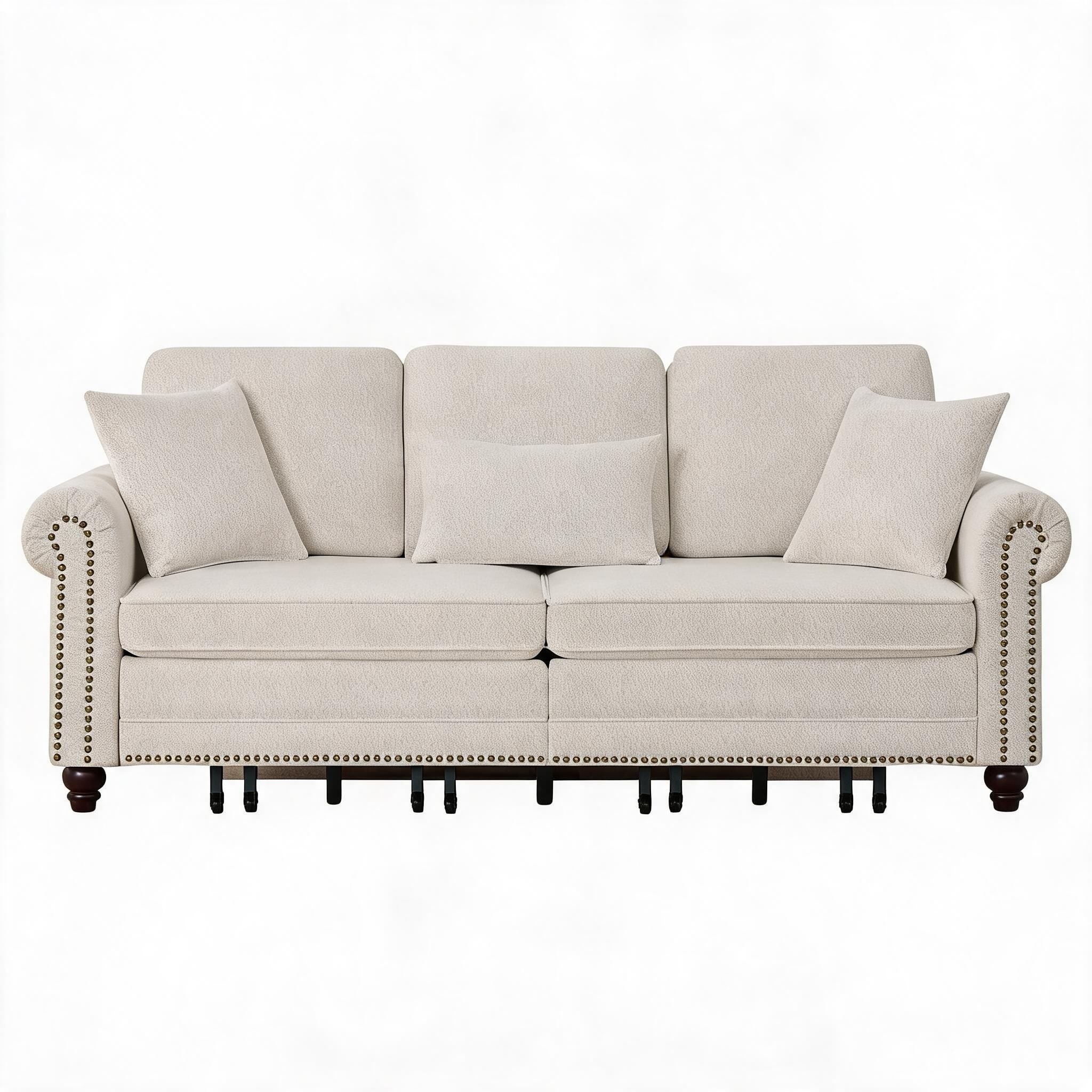 Horizons Prime - 86 inch Beige Chenille 3 in 1 Convertible Sleeper Sofa with Nailhead Trim and Ro...