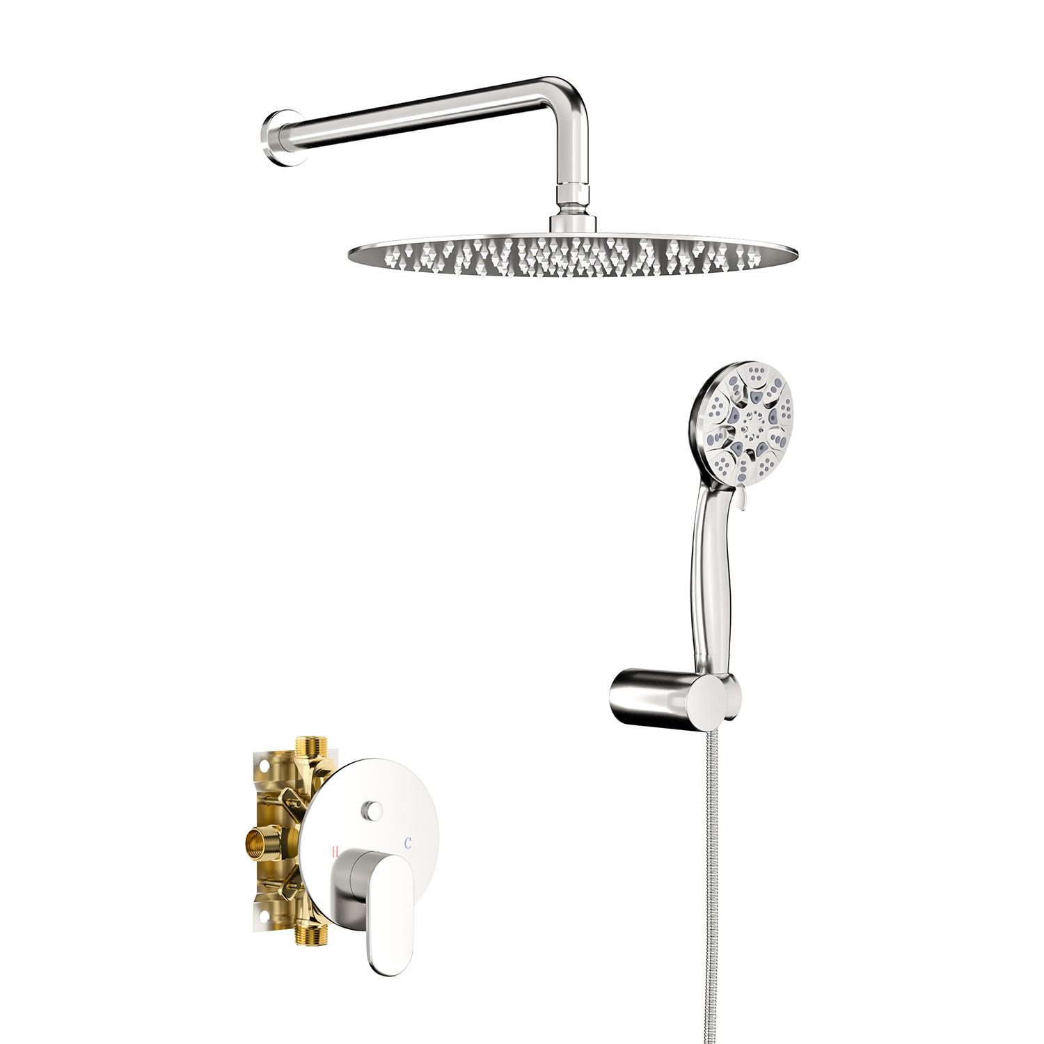GZMR Shower System Brushed Nickel Dual Head Waterfall Built-In Shower Faucet System with 2-way Diverter Valve Included Stainless Steel -  MR-EB-C-2-12-BN