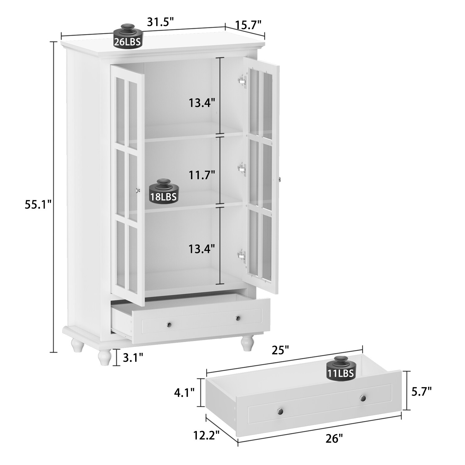 FUFU&GAGA White Mdf 3-Shelf Bookcase with Doors (31.5-in W x 55.1-in H ...