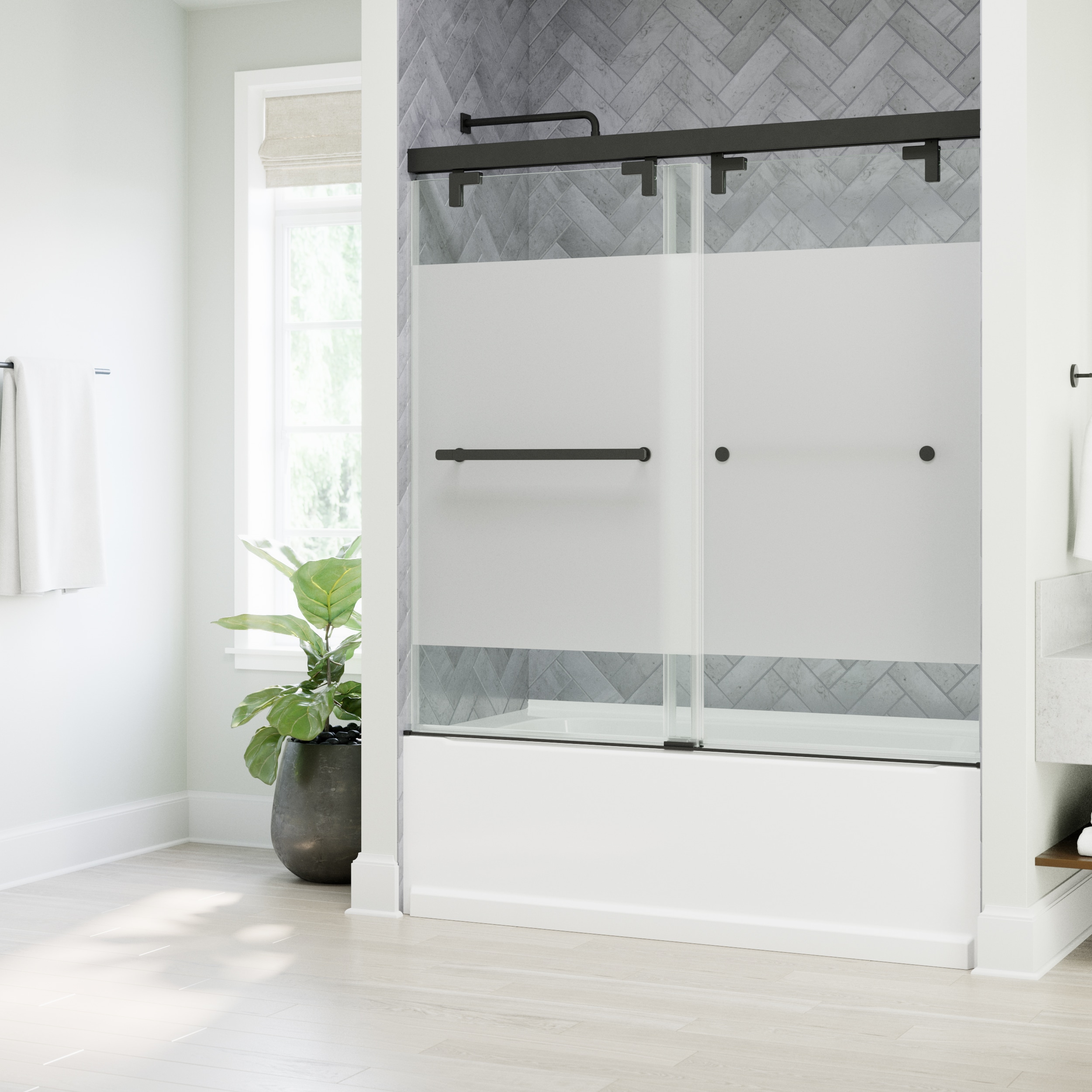 Delta SD7909768 Kesara Matte Black 42-1/4-in W x 60.7481-in H Frameless Sliding Soft Close Shower Door 5/16-in Thick Frosted Glass