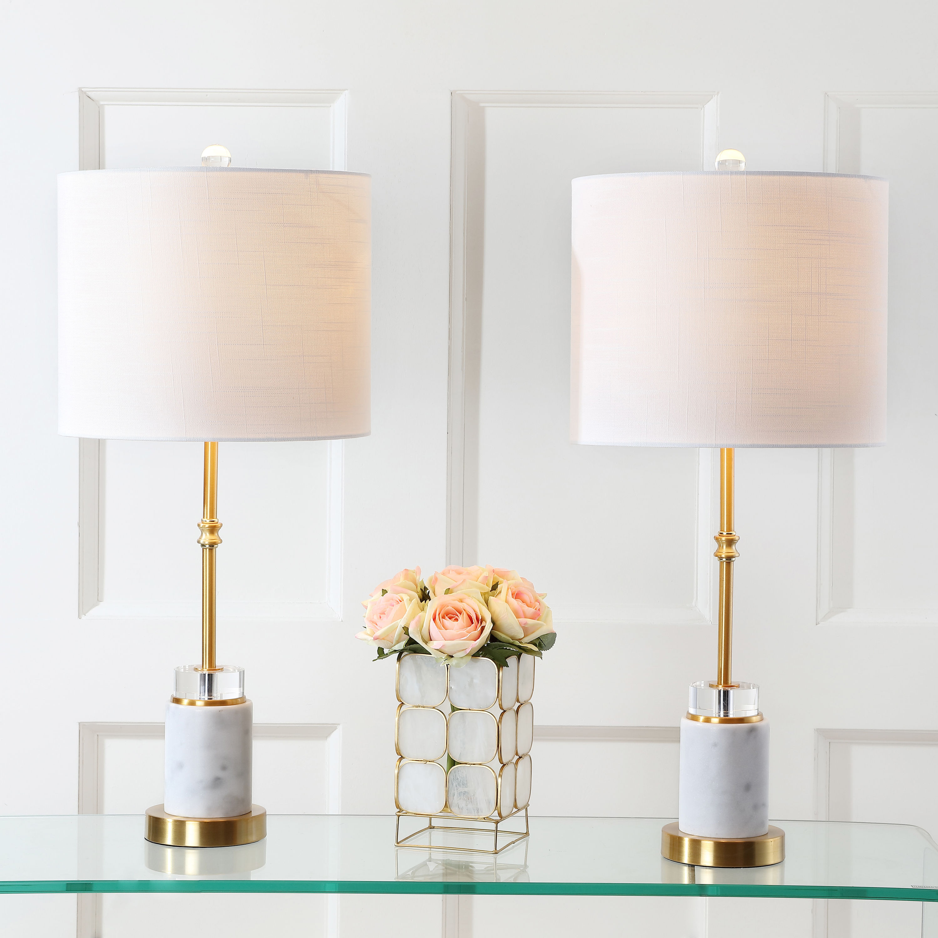 JONATHAN  Y JYL5003A-SET2 Harper Marble/Crystal Glam 27-in Brass Gold LED Incandescent Rotary socket Table Lamp with Linen Shade 2 -Set