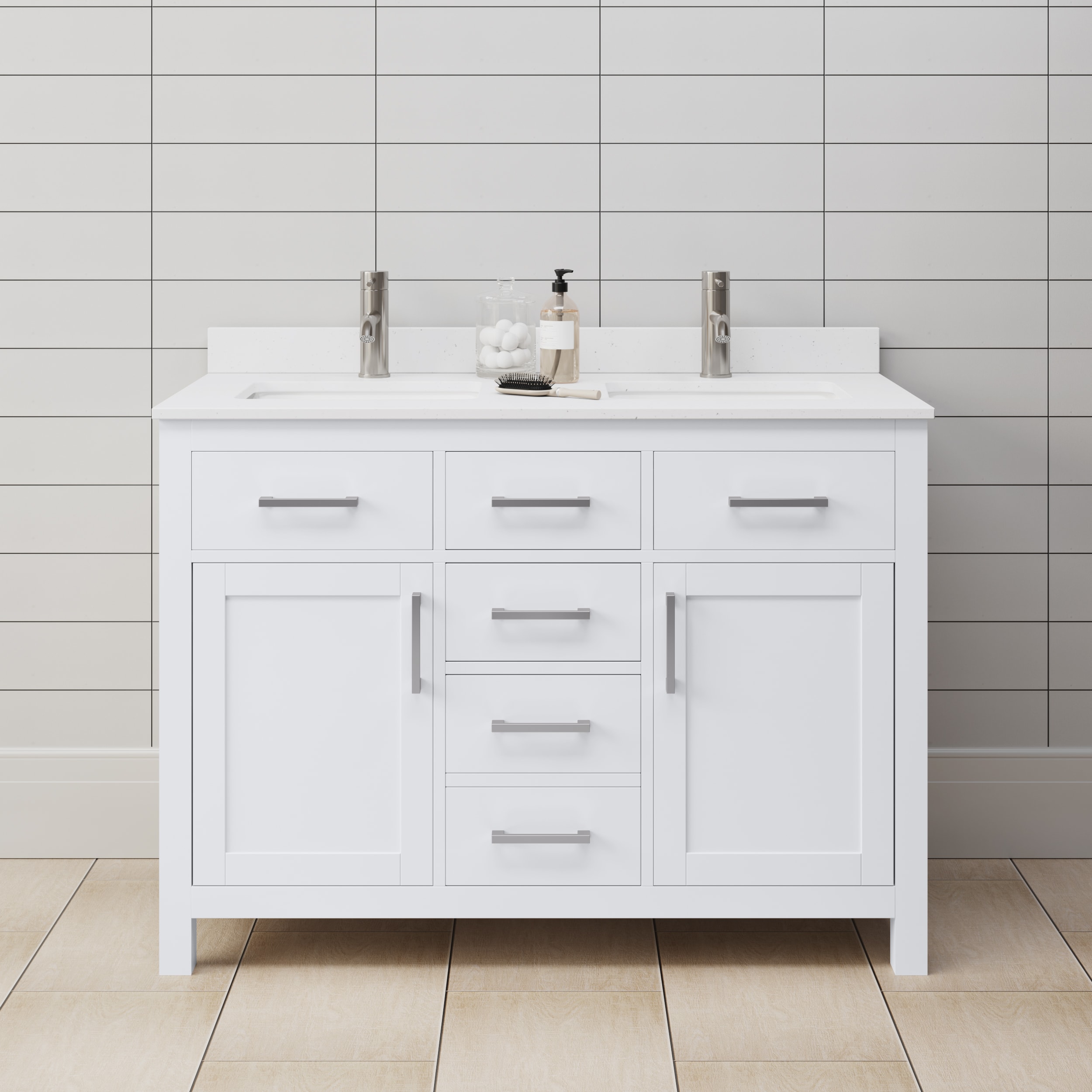 Wyndham Collection WCG242448DWHWCUNSMXX Beckett 48-in White with Brushed Nickel Trim Undermount Double sink Bathroom Vanity with White Cultured Marble Cultured marble Top