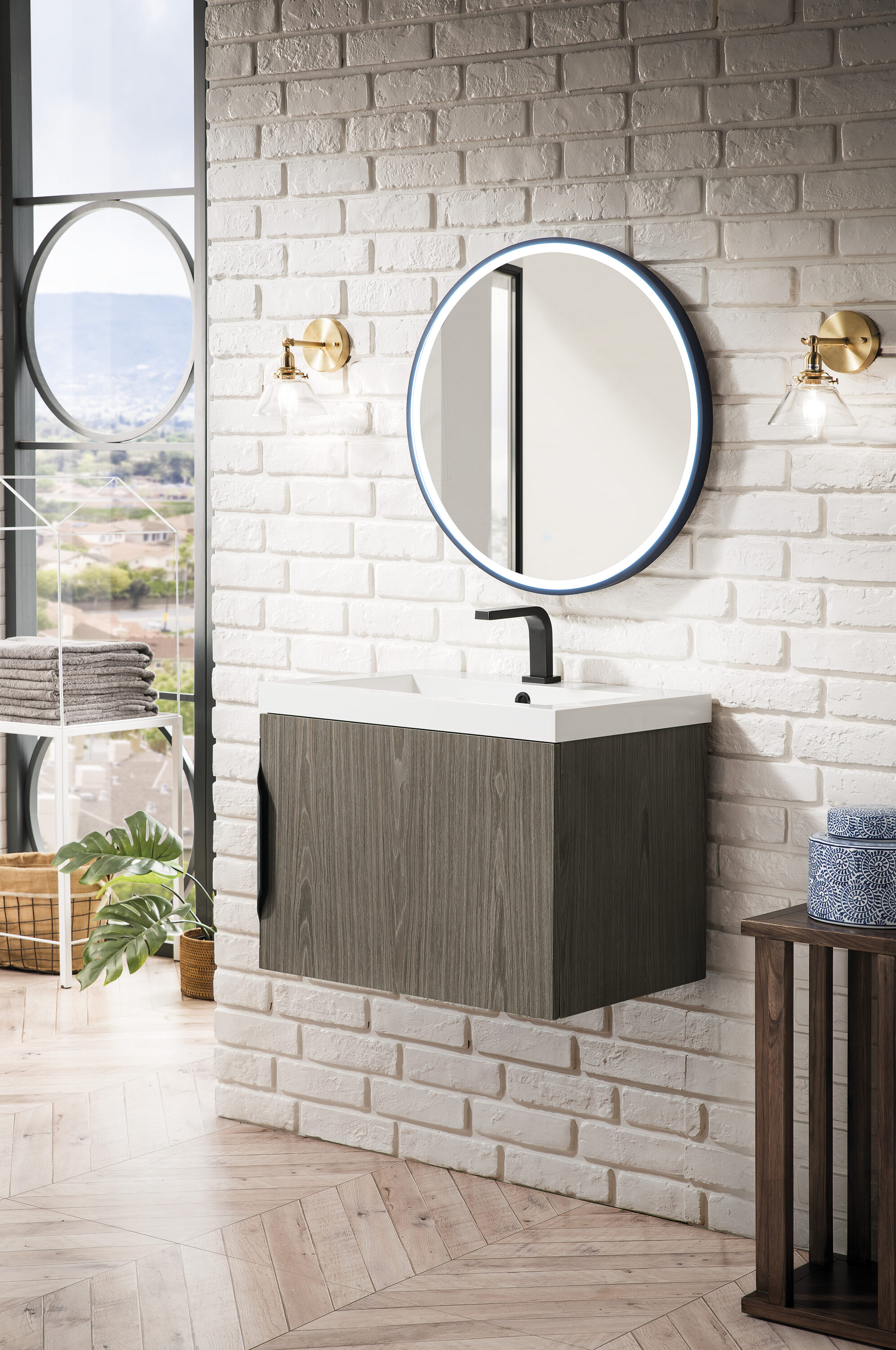 Ash Gray Engineered Wood Wall-Mount Vanity with Mineral Composite Top