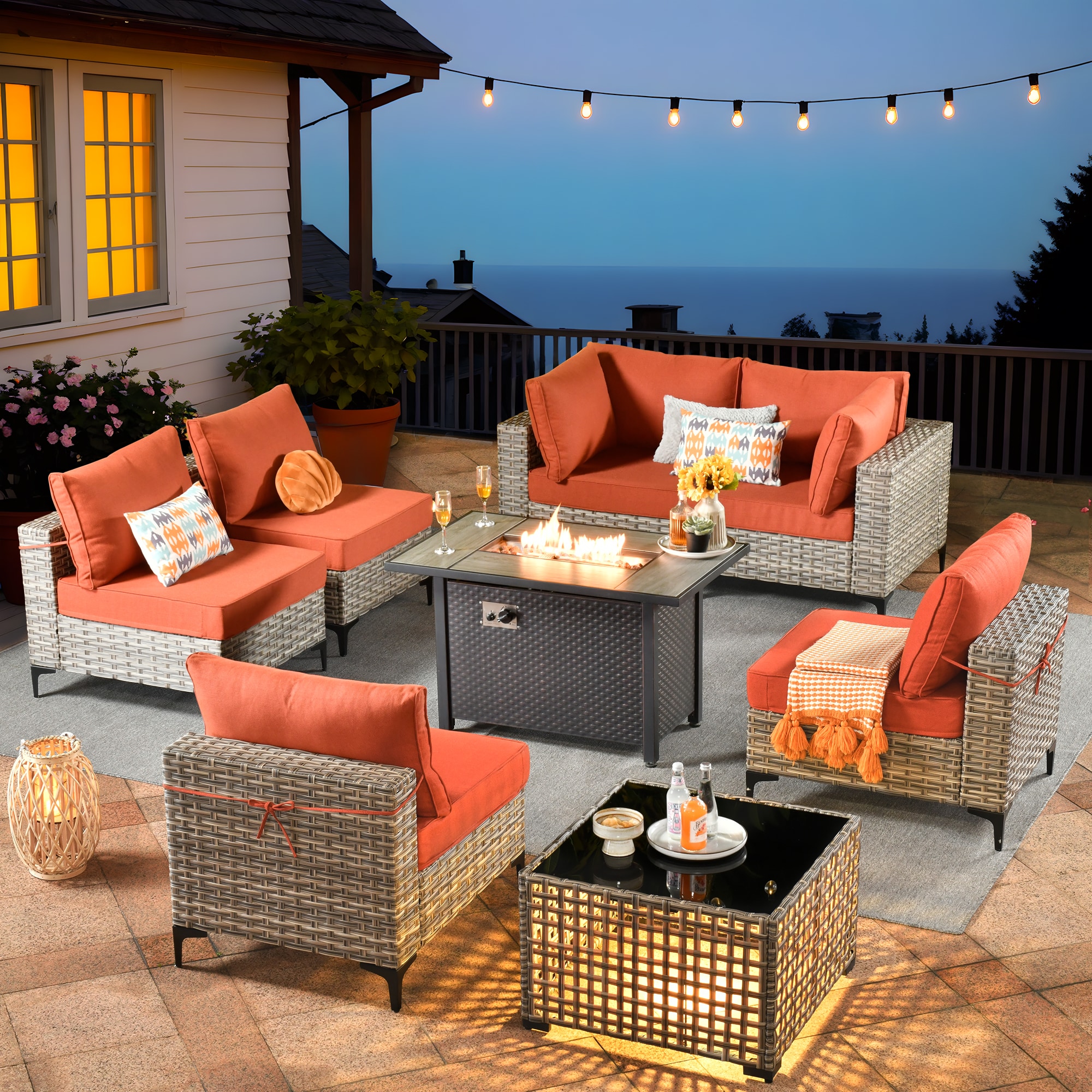 Caodoc L5-CFP03-SKT808-1 SKT Wicker Outdoor Sofa with Orange Cushions and Wicker Frame