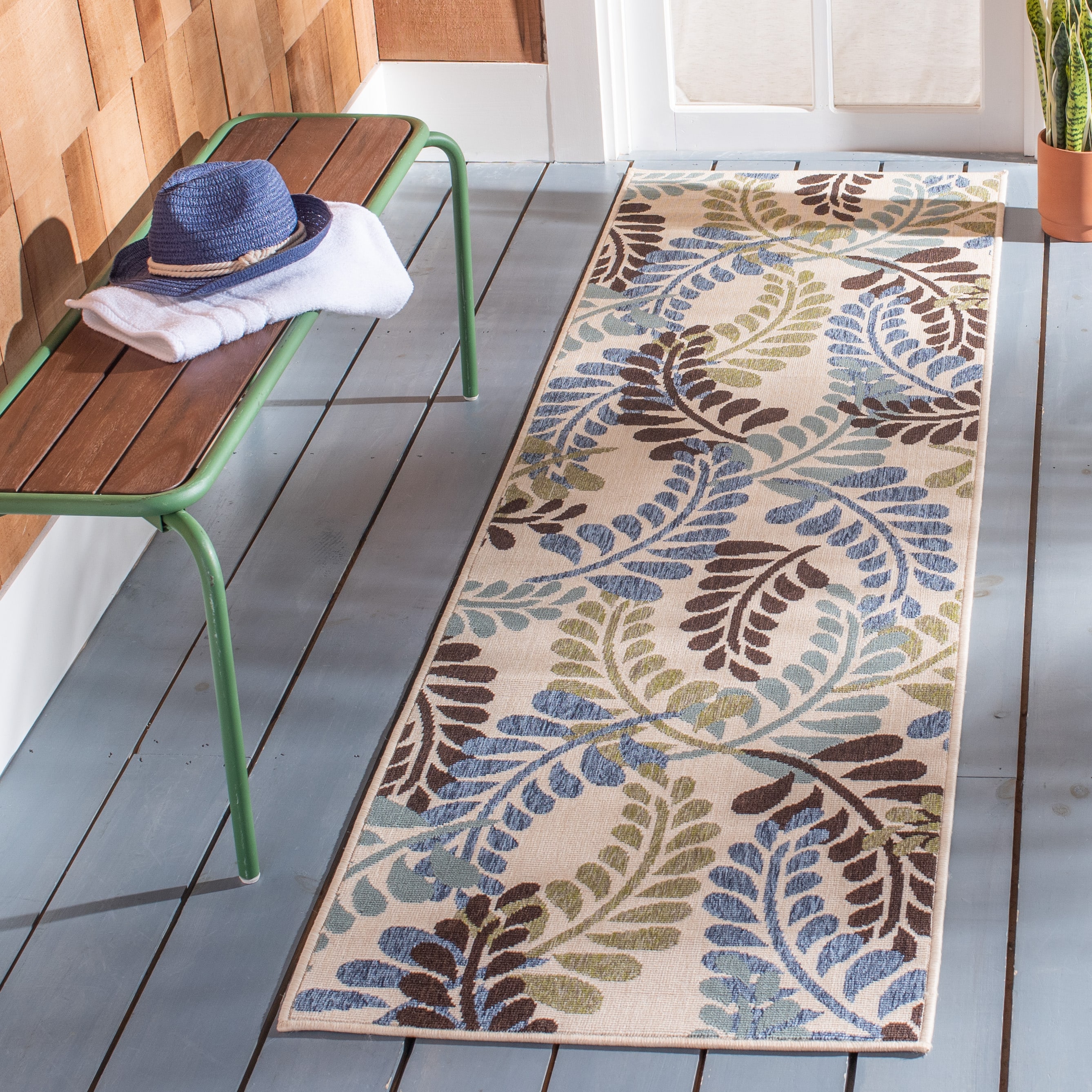 Veranda Cream and Aqua Floral Indoor/Outdoor Runner Rug