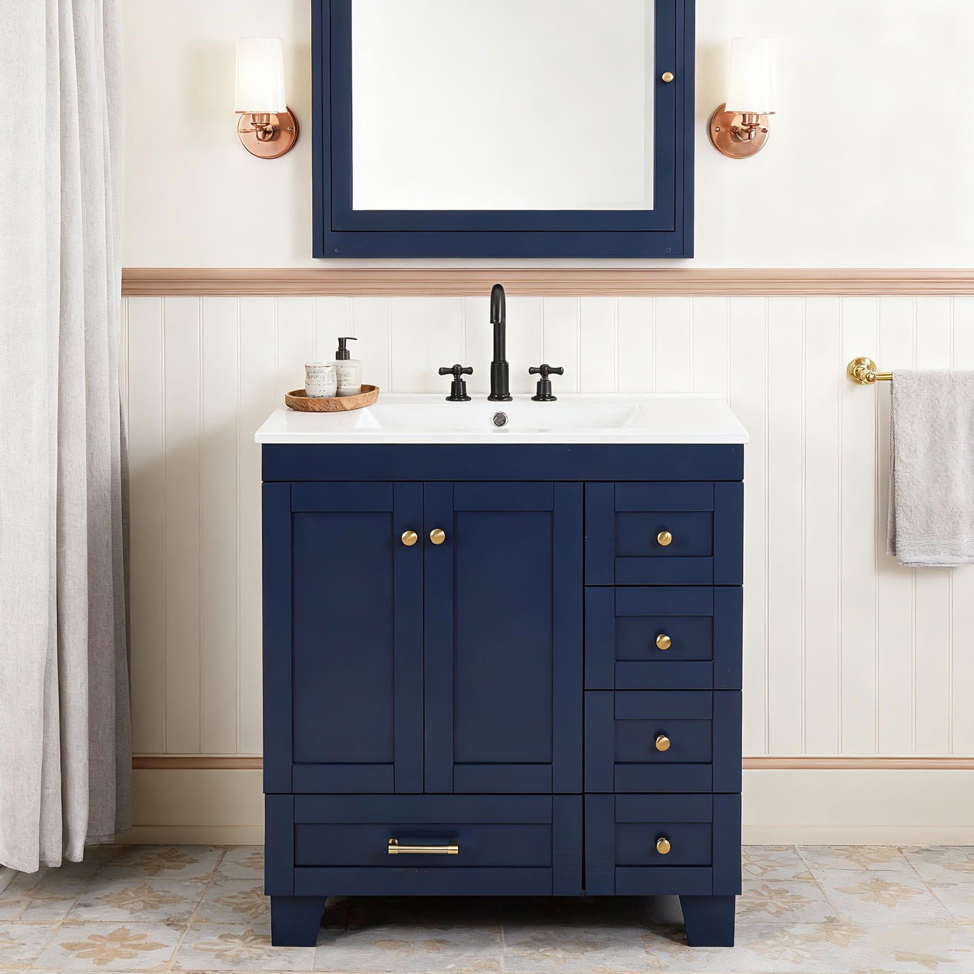 KERDOM Modern Simple Bathroom Vanity Cabinet With Ceramic Undermount Sink Drawers And Cabinet Doors Solid Wood MDF Frame Storage Unit With Integrated Sink And Countertop #NT30BL-03