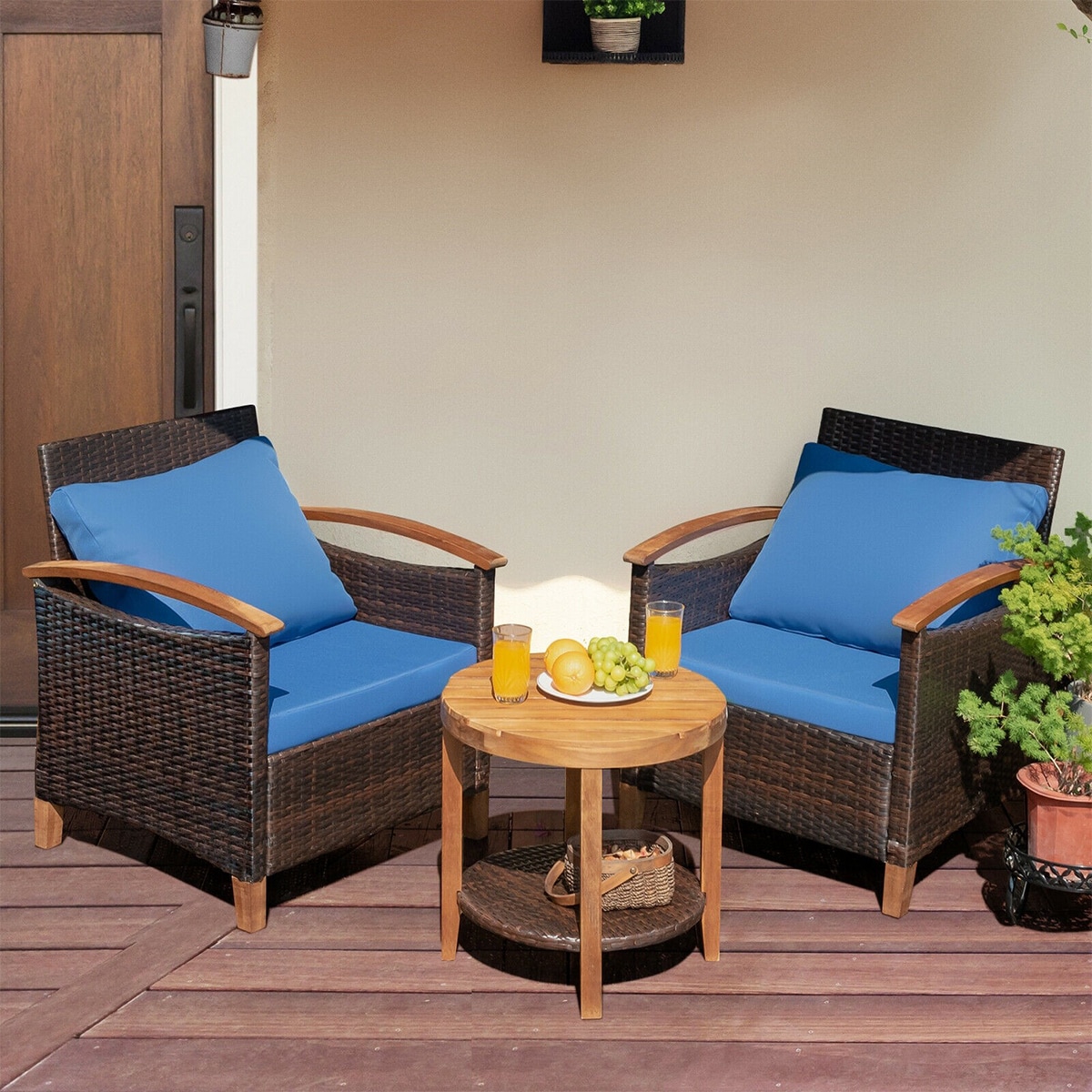 Forclover HYFE-65226LB Patio Conversation Sets 3 -Piece Rattan Patio Conversation Set with Blue Cushions