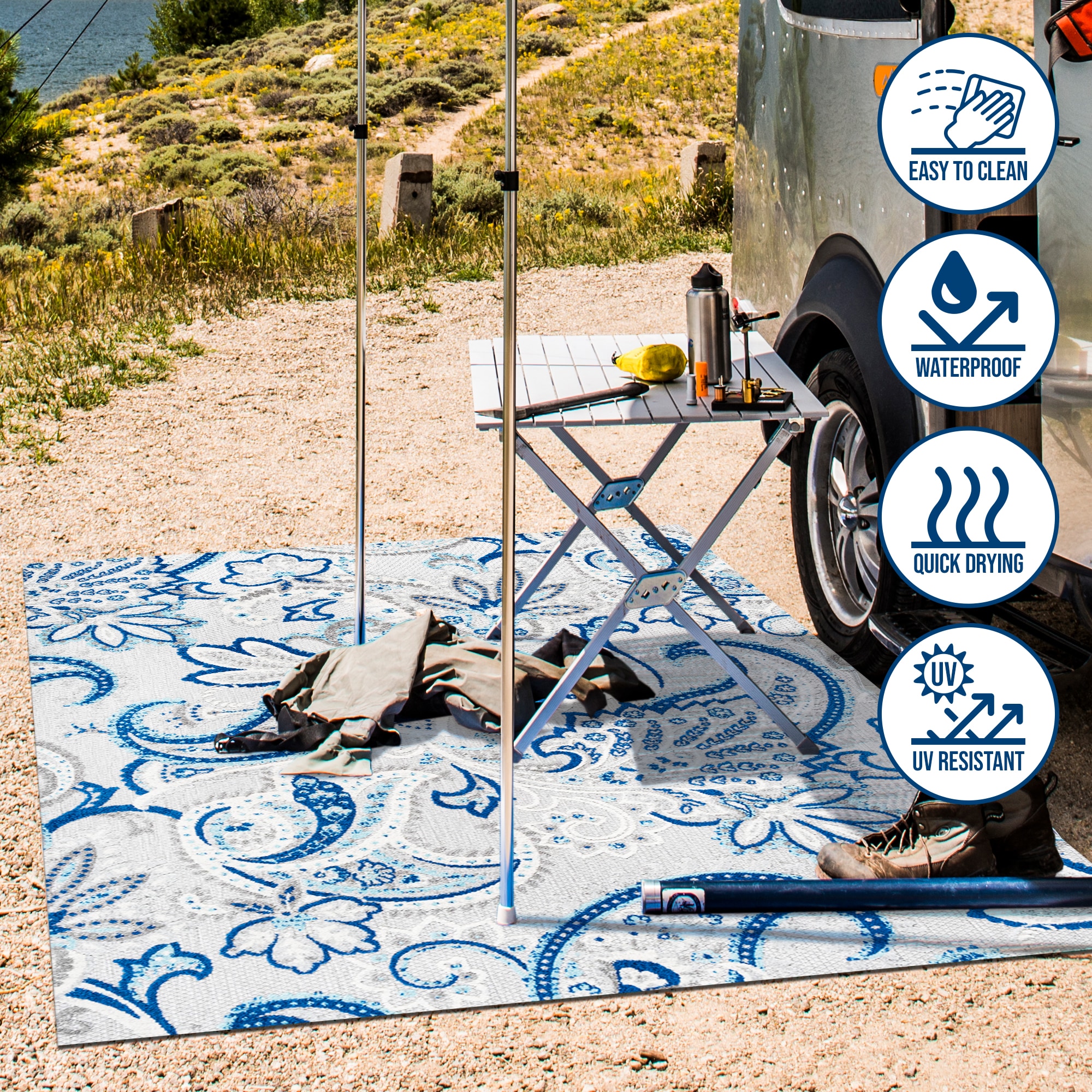 Paisley High-Low Light Gray and Blue Synthetic Indoor/Outdoor Rug
