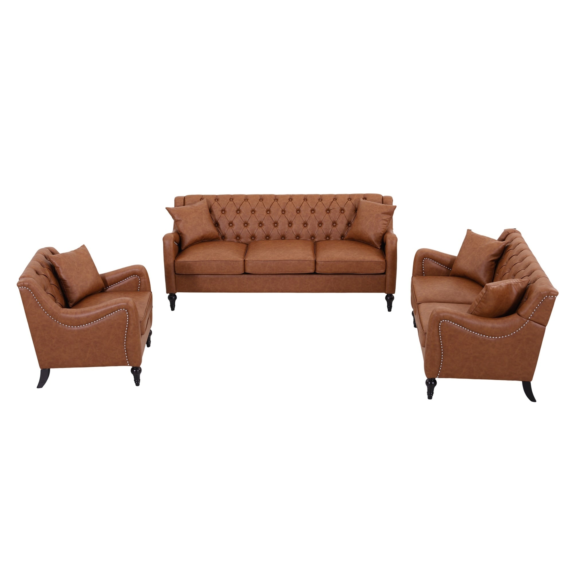 Bybafun - Midcentury 3 -Piece Faux leather Brown Living Room Set